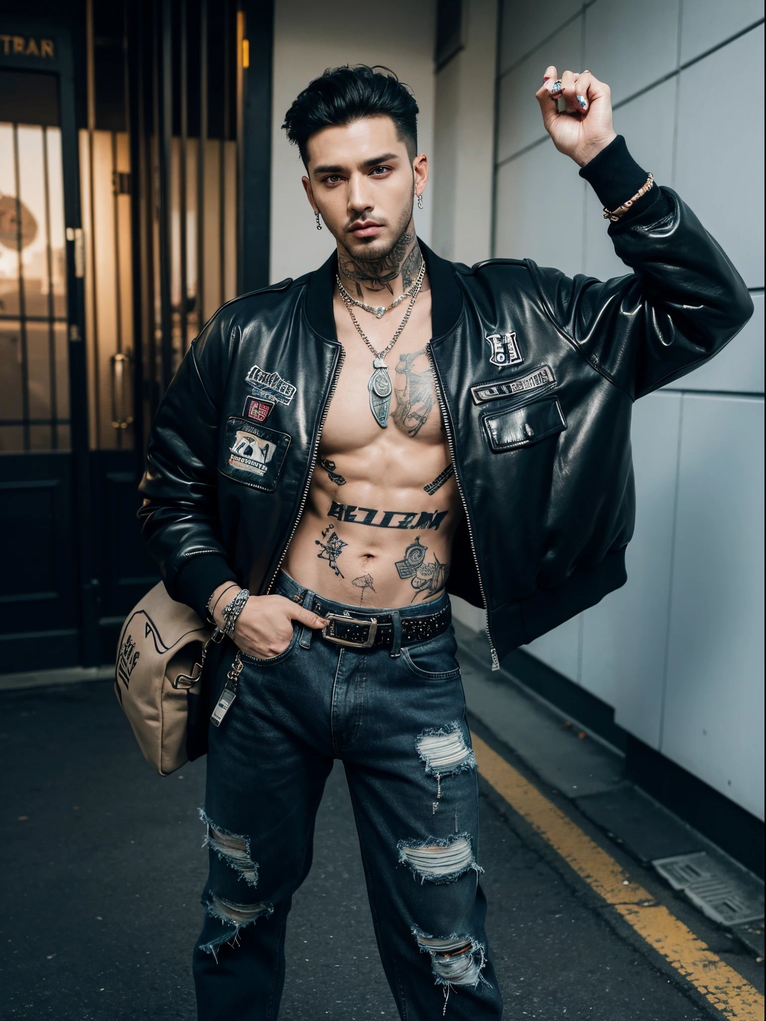 male, 30 years old, slick back, baseball jacket, torn trousers, rings, bracelet, necklace, belt, piercing, full body tattoos, street