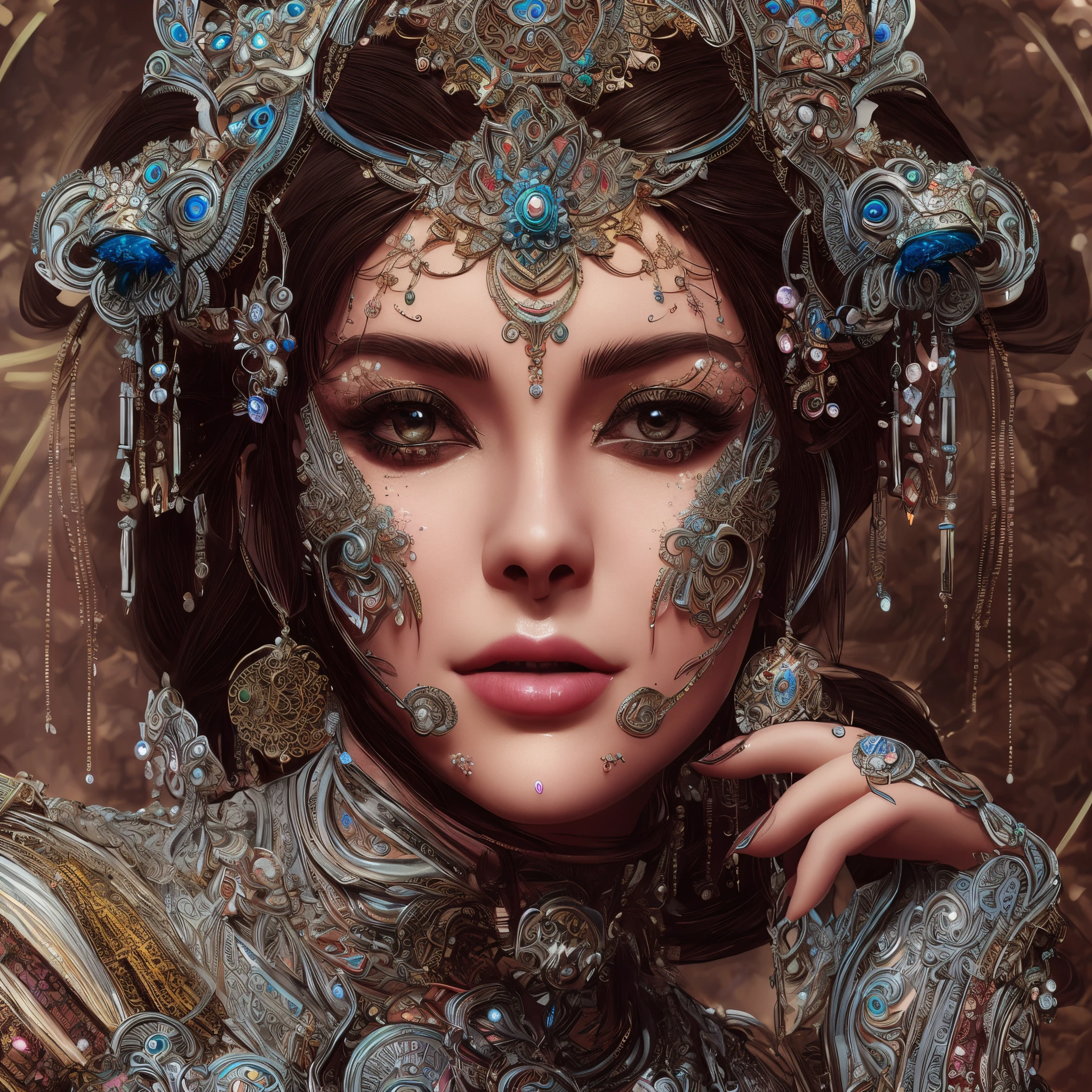 a woman with a colorful headpiece and jewelry on her face, 4k highly detailed digital art, 4k detailed digital art, great digital art with details, elaborate digital art, intricate wlop, colorfull digital fantasy art, detailed fantasy digital art, hyperdetailed fantasy character, 8k high quality detailed art, beautiful art uhd 4 k, ultra-detailed digital art