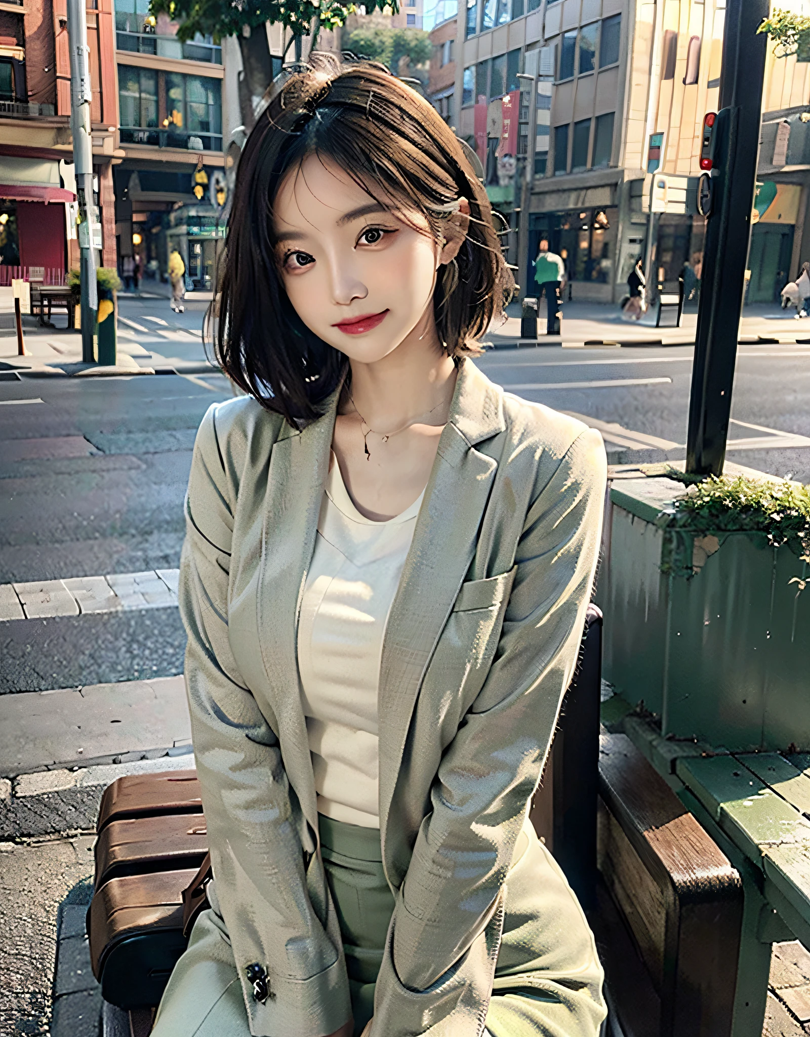 girl, half picture, thick, hourglass figure, sage green color suit, pencil skirt, light lipstick, short hair, real human skin, looking straight at the viewer, happy, on a bench, asian, tall, thicc thighs, wrist watch, ear rings, cute smile, dimples, realistic.