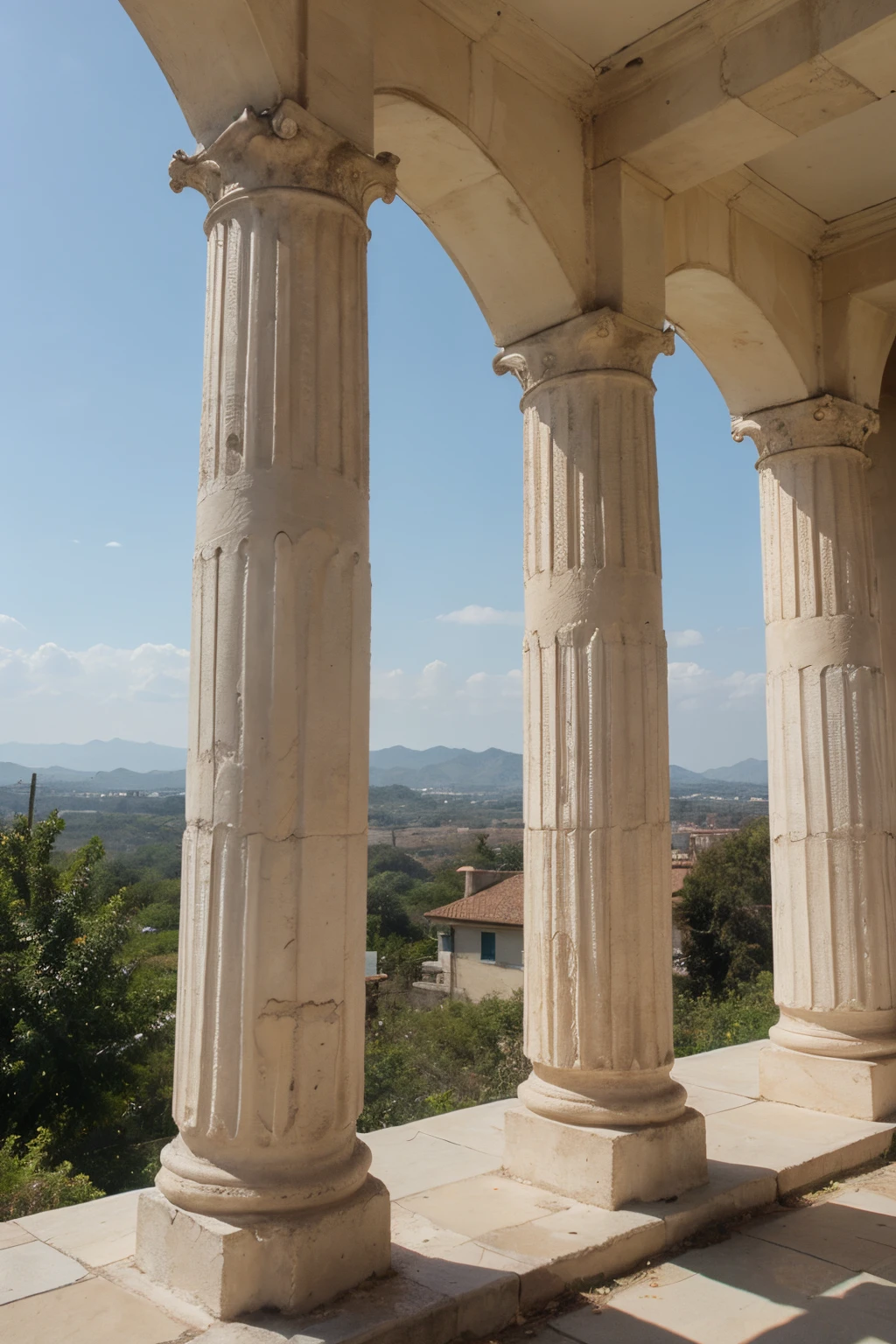 ((best quality)), ((masterpiece)), (detailed), 2 old columns and behind a clear window showing the sky