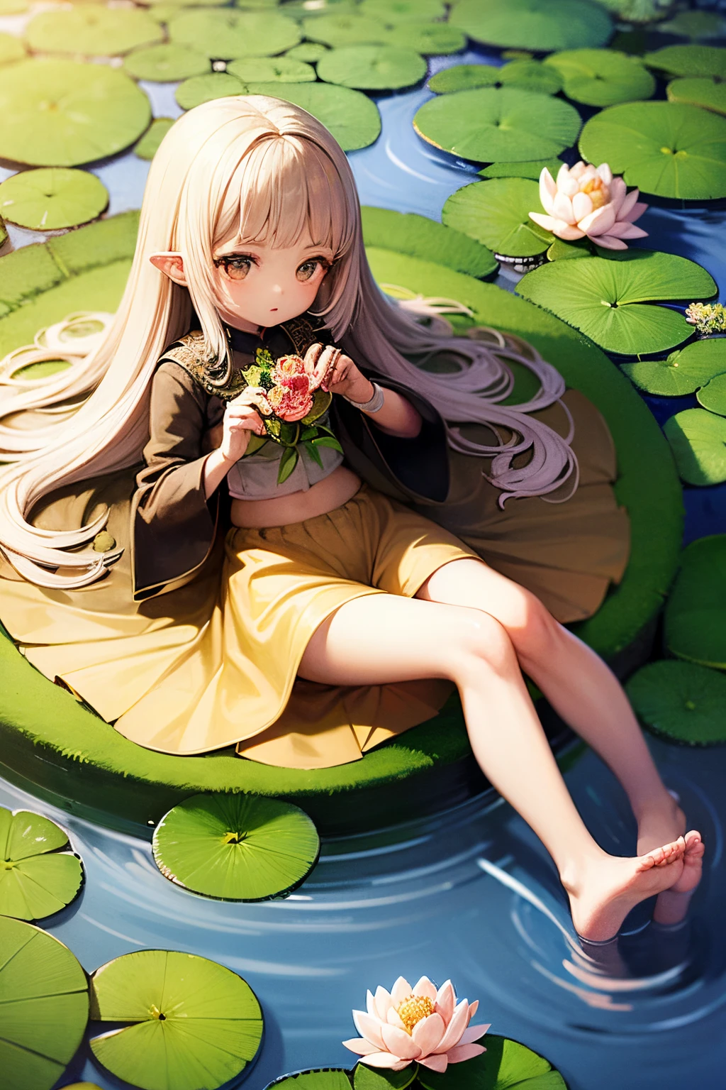 A little girl holds lotus flowers in her handehind  the lotus pond