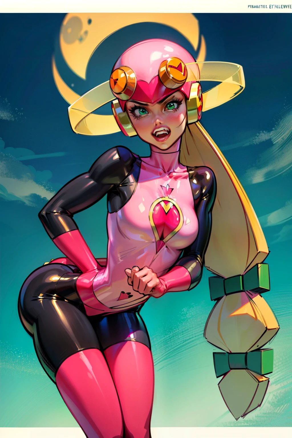 Waifu, masterpiece, curvy, breasts, moon, full moon, gloves, 1girl, clenched teeth, cleavage, large roll_exe_megamanbn,(helmet),blonde hair,long hair,leotard,green eyes,pink bodysuit,bodysuit,, breasts, teeth, ((roll_exe:1.2)), (small breasts:1.4), rating:explicit,rule34, , tits,clenched hands, night, sky, ((pink bodysuit:1.4)),(white skin:1.4), clenched hand, rating:questionable, (((long blonde hair:1.5))), solo, angry, lip biting, official illustration, illustration, detailed face, beautiful intricate eyes, curvy milf, 1:2), closeup, titsnipples