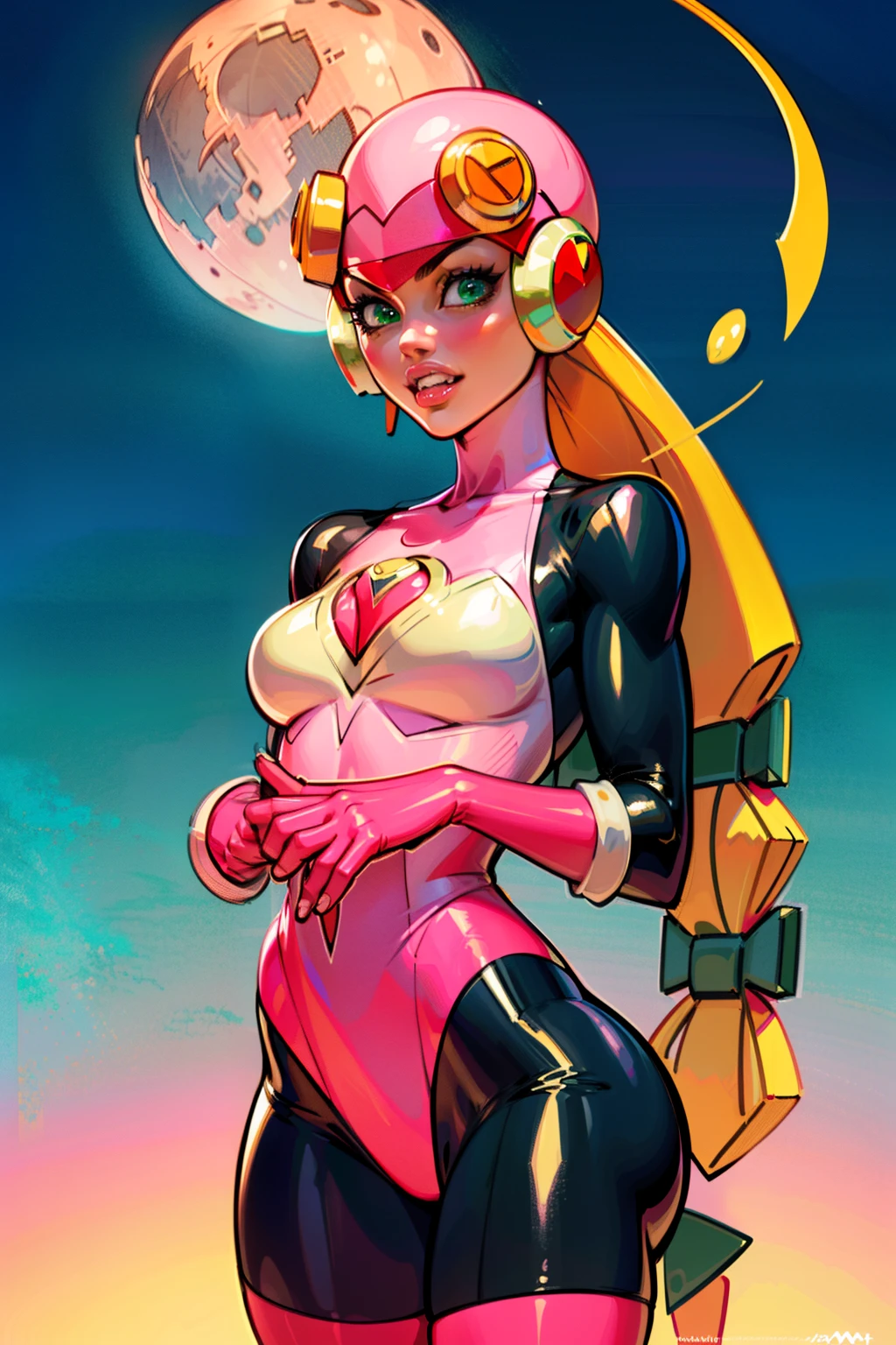 Waifu, masterpiece, curvy, breasts, moon, full moon, gloves, 1girl, clenched teeth, cleavage, large roll_exe_megamanbn,(helmet),blonde hair,long hair,leotard,green eyes,pink bodysuit,bodysuit,, breasts, teeth, ((roll_exe:1.2)), (small breasts:1.4), rating:explicit,rule34, , tits,clenched hands, night, sky, ((pink bodysuit:1.4)),(white skin:1.4), clenched hand, rating:questionable, (((long blonde hair:1.5))), solo, angry, lip biting, official illustration, illustration, detailed face, beautiful intricate eyes, curvy milf, 1:2), closeup, titsnipples