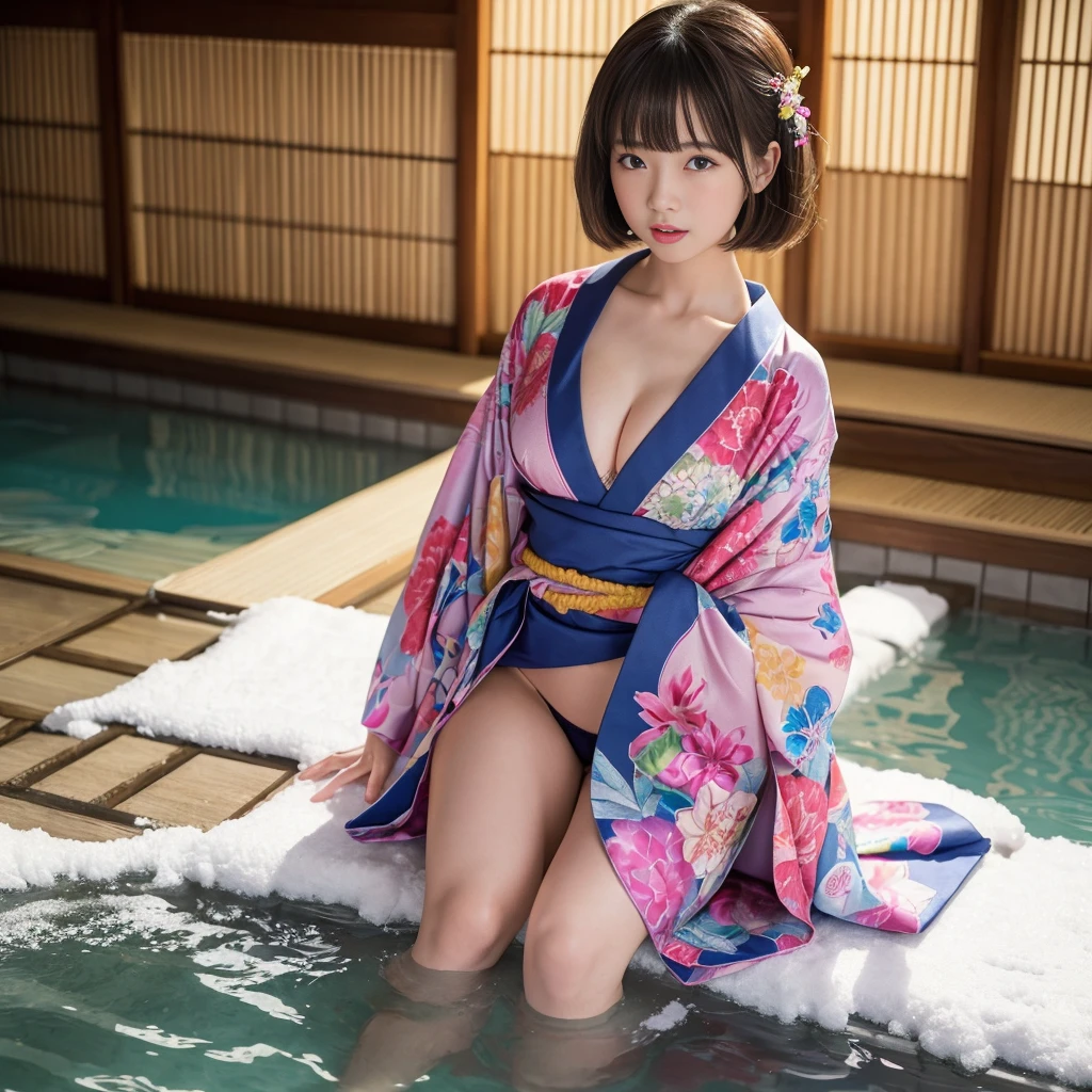 (Colorful kimono)、(top-quality,​masterpiece:1.3,超A high resolution),(ultra-detailliert,Caustics),(Photorealsitic:1.4,RAW shooting,)Ultra-realistic capture,A highly detailed,high-definition16Kfor human skin、 Natural Skin Texture、、The skin looks healthy with an even tone、 Use natural light and color,One Woman,japanes,kawaii,a blond,bob cuts、Close your eyes, open your mouth wide and yawn、no-bra、Big big,(depth of fields、chromatic abberation、Wide range of lighting、Natural Shading)、hot spring bath at night、(Snow reflects light:1.1)、Cleavage can be seen through the exposed kimono、Crotch visible through exposed kimono、Kneel, spread your legs and look up、 The beauty figure can float in hot springs、Background with: Onsen at night、A detailed eye、perfect anatomy body proportions、M-shaped legs open with crotch open:2.8、Small micro panties、panty shot from below