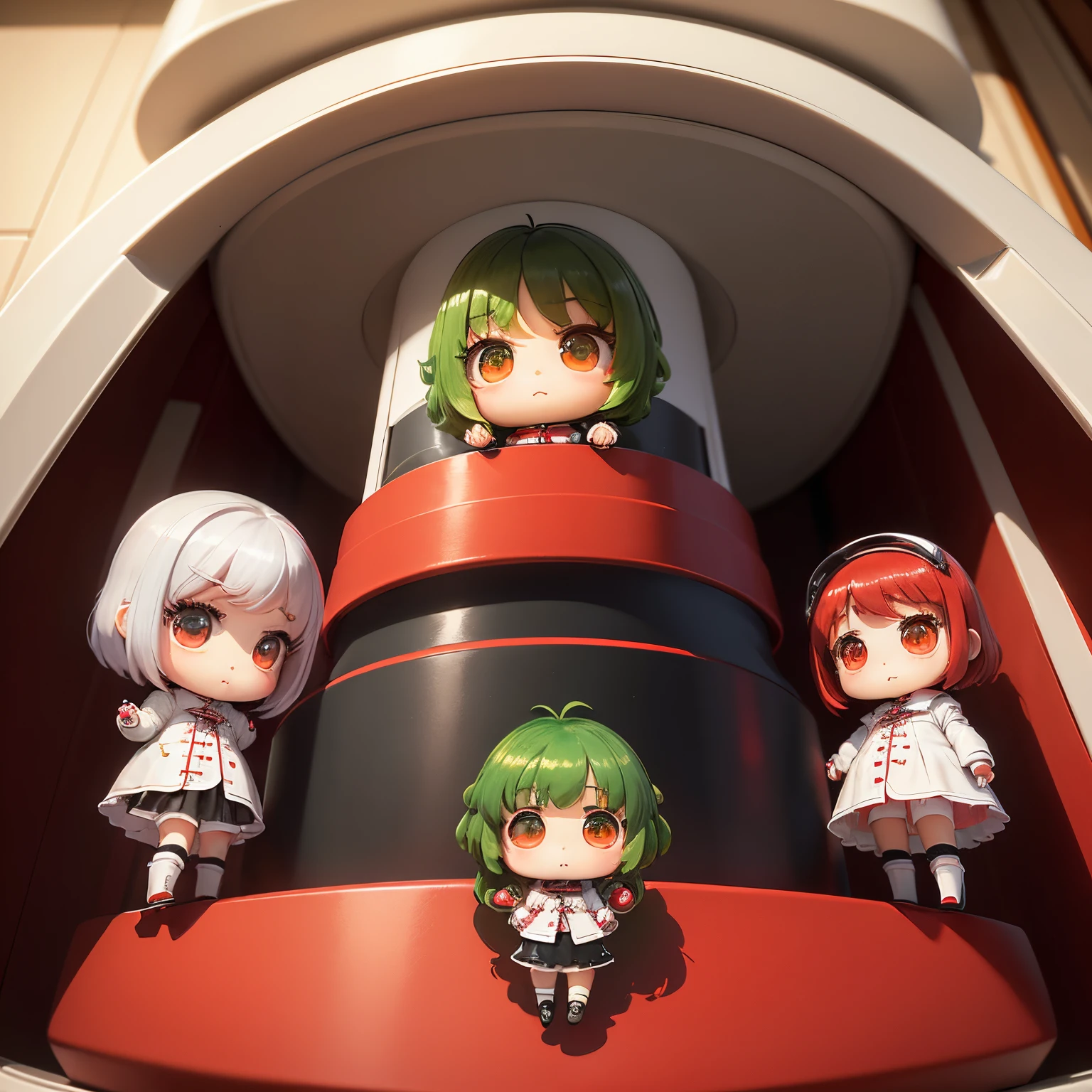 ​masterpiece、top-quality、ultra-detailliert、(Chibi Chara's Daughter:1.2)、red stainless steel collar coat、White Bob//supermarket、food shelf、(Chou 🥬🥬🥬:1.3)