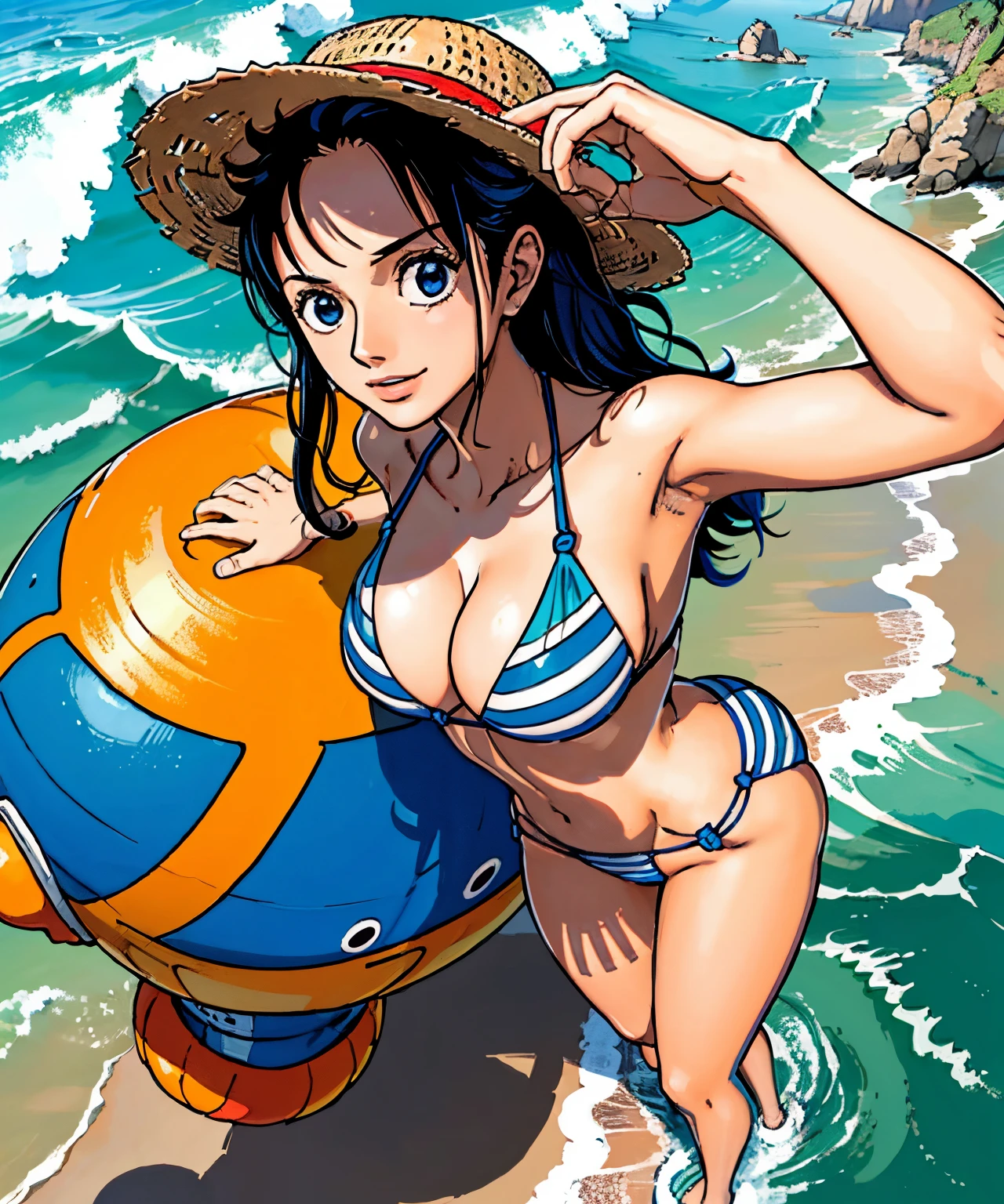 1mulher ,Monkey D Luffy girl,na casa dos 20 anos, (rosto perfeito), defined jaw, lindos olhos azuis, beautiful lips, (curtos cabelos preto), (anatomia perfeita), (corpo atletico), (sexy) (seios pequenos), (coxas grossas) , (perfect handikini with blue stripes), (straw hat), olhando para o observador, (POV de baixo), (Medium Plane Photograph), (fundo de praia tropical), realista