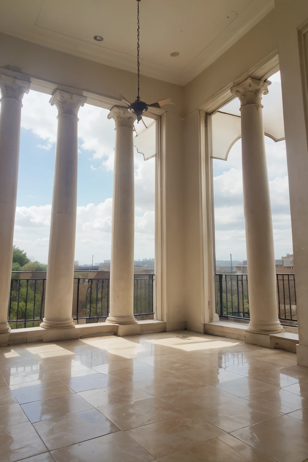 ((best quality)), ((masterpiece)), (detailed), 2 old columns and behind a clear window showing the sky