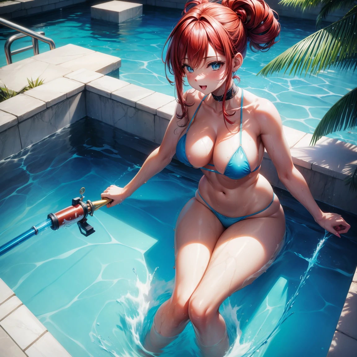 （8K ，hyper-detailing，A masterpiece of hyper-realistic photography，natural，Perfect artwork，Perfect female body），Two cute busty girls），Crystal clear swimming pool，swim ring，Water slides，Cute water doll，Virtual Showcase，Red similar hairstyle，Cute red boy，Cool，larger lines，slovenly，stretch the meat，jam，The kinky  exposed ，titmouse，Full body photo