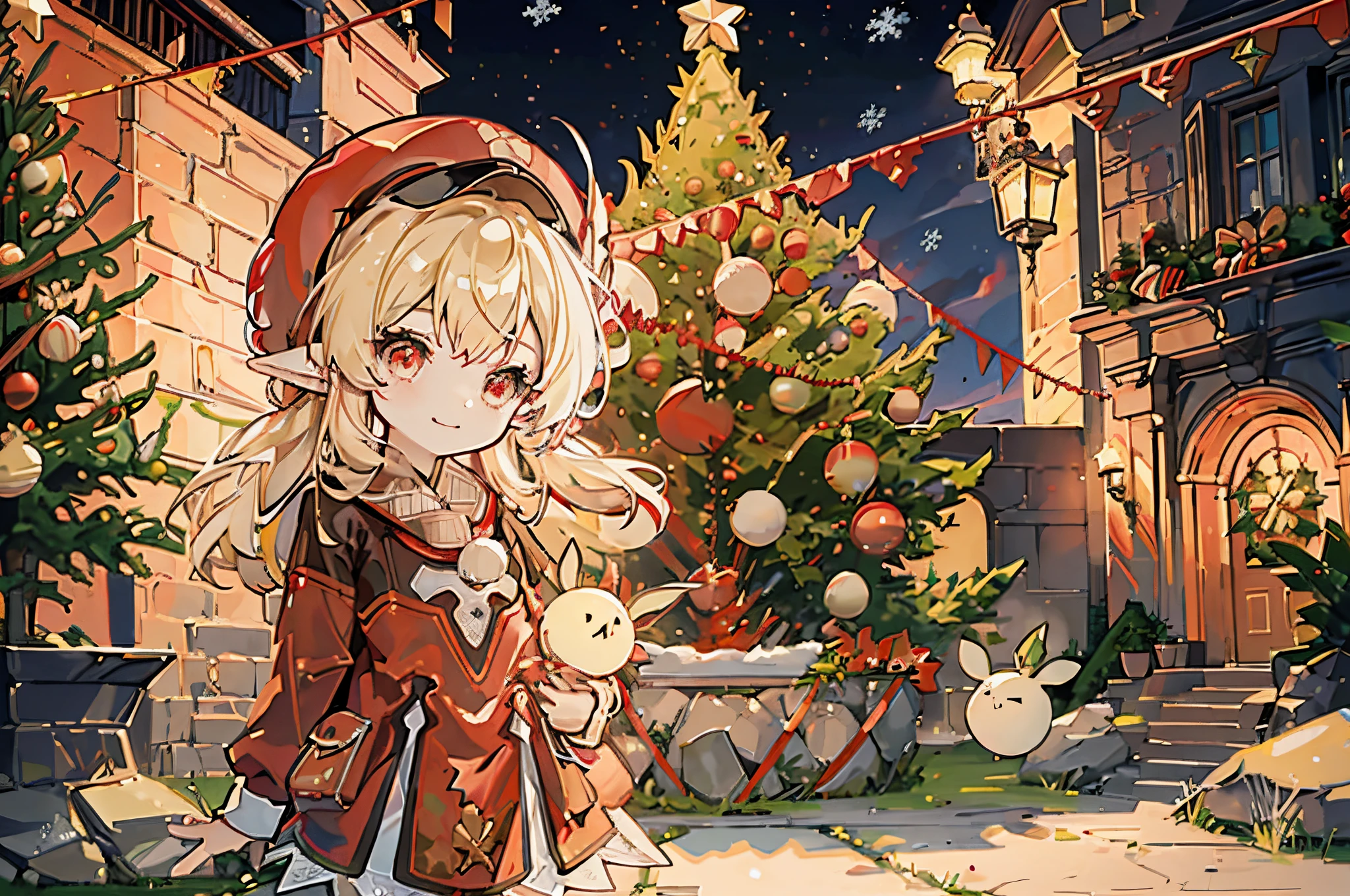 1  chibi girl solo, ((decorating a christmas tree)), blond hair, red eyes, elf ears, red hat, red outfit, outside near the stone castle wall, happy smile, (((christmas tree)))