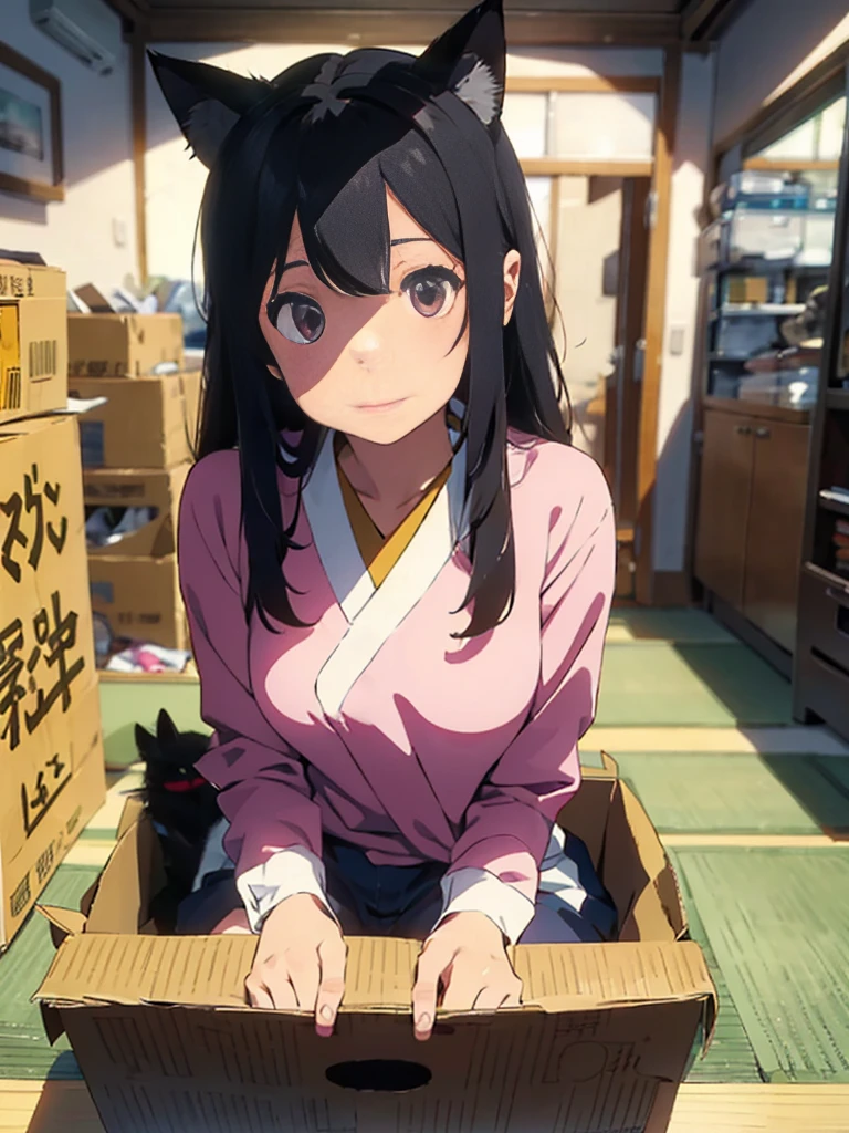 japanes、Girl in cat ear cosplay in a cardboard box.、Cat's ears 、The ultra -The high-definition、Seated position、