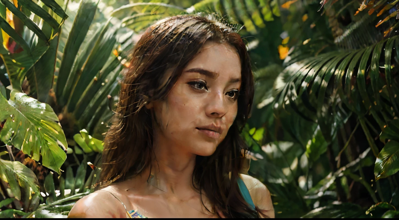 A woman enjoying a chill lofi vibe in a beautiful Hawaiian setting, surrounded by lush greenery and colorful tropical flowers. Her eyes are adorned with a hint of shimmering gold eyeshadow, emphasizing their warmth and depth. Her lips are coated in a glossy pink shade, adding a touch of playfulness to her serene expression. The sunlight filters through a canopy of palm leaves, casting soft, dappled shadows on her face. She is wearing a flowy sundress with vibrant floral patterns, complementing the tropical atmosphere. With each note of the lofi music, she sways gently to the rhythm, letting the music guide her into a state of relaxation and tranquility. The overall image is of the highest quality, with a resolution of 4k or 8k, showcasing ultra-detailed features. The colors are vivid and vibrant, with an emphasis on warm hues to enhance the tropical ambiance. The lighting is soft and dreamy, allowing the woman to feel like she's in a peaceful oasis.
