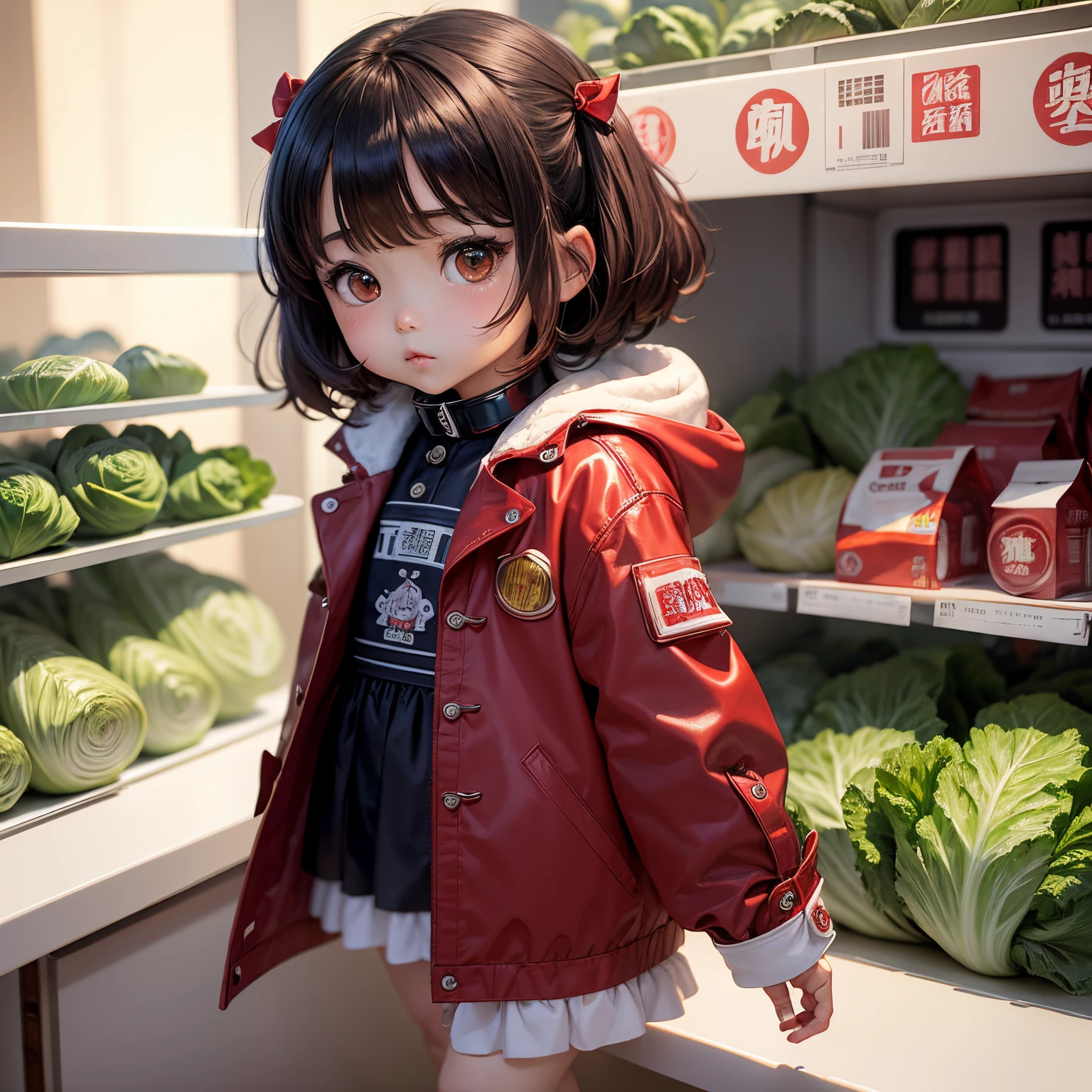 ​masterpiece、top-quality、ultra-detailliert、(Chibi Chara's Daughter:1.2)、red stainless steel collar coat、(white ????:1.3)、supermarket、shopping、food shelf、A delightful