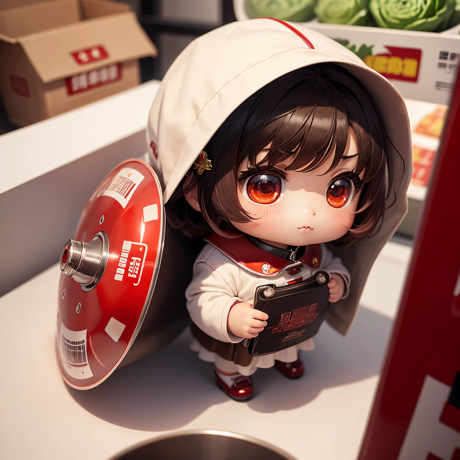 masterpiece、top-quality、ultra-detailliert、(Chibi Chara's Daughter:1.2)、red stainless steel collar coat、White Bob//supermarket、shopping、food shelf、(Chinese cabbage:1.3)