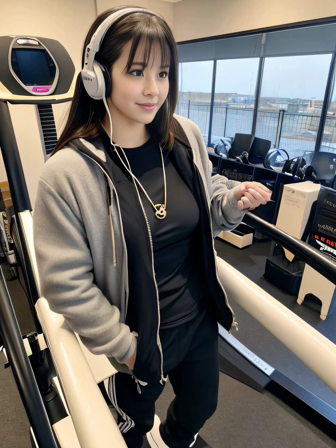 Best Quality, masutepiece, 超A high resolution, (Photorealistic:1.4), Raw photo, (Selena Gomez:Emma watson:0.8) 30-years old, she is wearing a jacket and tight pants, Listening to Songs with Headphones, she is jogging on the treadmill, In the gym, Gym set up in the background , Expensive gym,