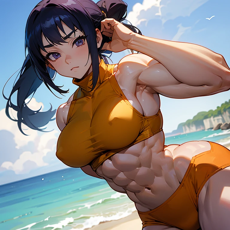 Hinata hyuga, big arms, big biceps,broad shoulders, big lats, abs,thick thigs,muscular build, muscular, female bodybuilder, beach