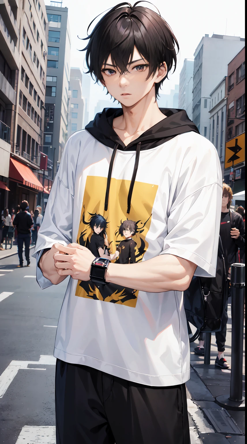 1boy, anime style, fit body, Anime boy wearing T-shirt cover up with Hoodies, long pants, messy short spiky gold hair, black eyes colour, pose picture of handsome pose, straight on street of towers, anime art wallpaper, detailed, 8k, high quality