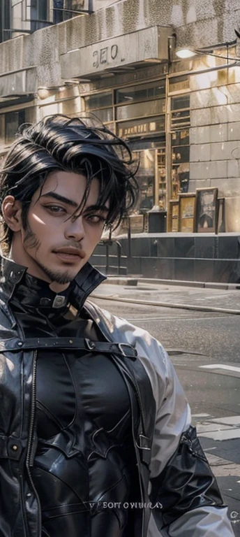 Manhwa Arte Europeo, Pelo desordenado de la cabecera, Cabello negro azabache, ojos penetrantes, cejas gruesas, Llevar disfraz de vampiro, ojos amarillos, orejas punteagudas, colmillos salientes de su boca, sangre resbalando de su boca, amenazante, sexy, ,  razor-sharp jawline, mirada penetrante, Cold and mysterious character, 8k, Detailed features, muy guapo, sonriente, actitud fiestera, ENTP, fiesta, traje de gala, cuerpo entero