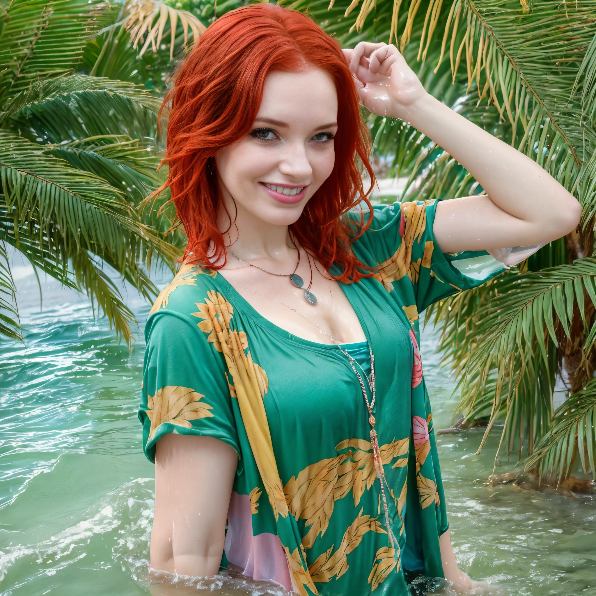 (Best quality, 8k, 32k, Masterpiece, UHD:1.2),Photo of Pretty woman, very short bob hair,upper body,face focus,oversized_shirt, necklace, background, looking at viewer, dyed red hair, tropical beach, smile, jacket, tunic, wet clothes, wet, soaked, christina hendricks