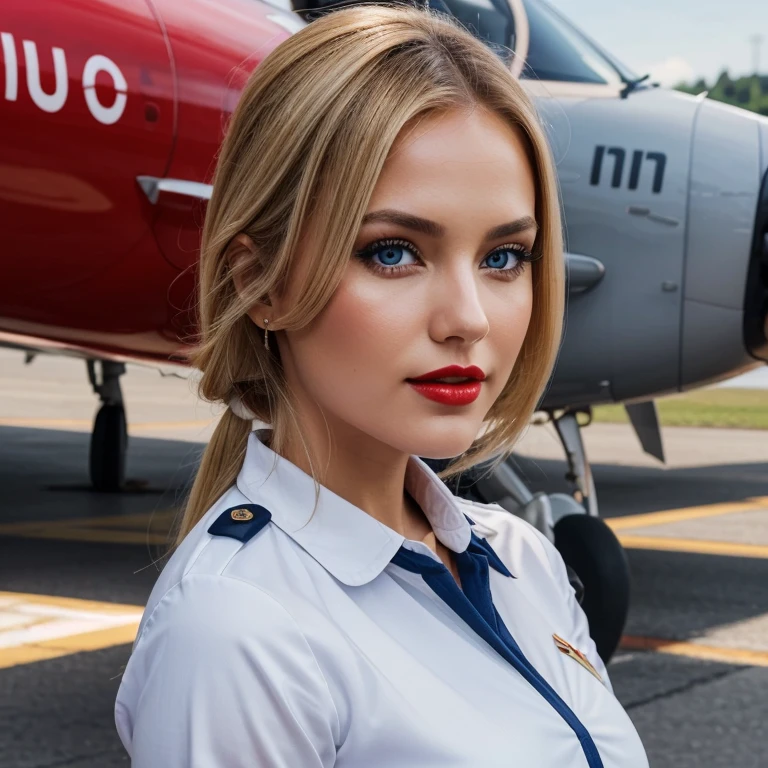 Generate an AI prompt that depicts a stewardess in a full uniform with a plane in the background. Fit blonde, perfect body, AIbeka, cherry red lipstick, 64k, makeup, full body, top-quality, hightquality, Extreme Detail Photography, Eye for extreme detail, masterpiece, extreme face details, 16k, 8k, 4K, HD, UHD, a beautiful woman, posing for a picture, looking aroused, casual, red lips, depth of field, blonde Blue Eyes Aibeka, full body view, red cheeks