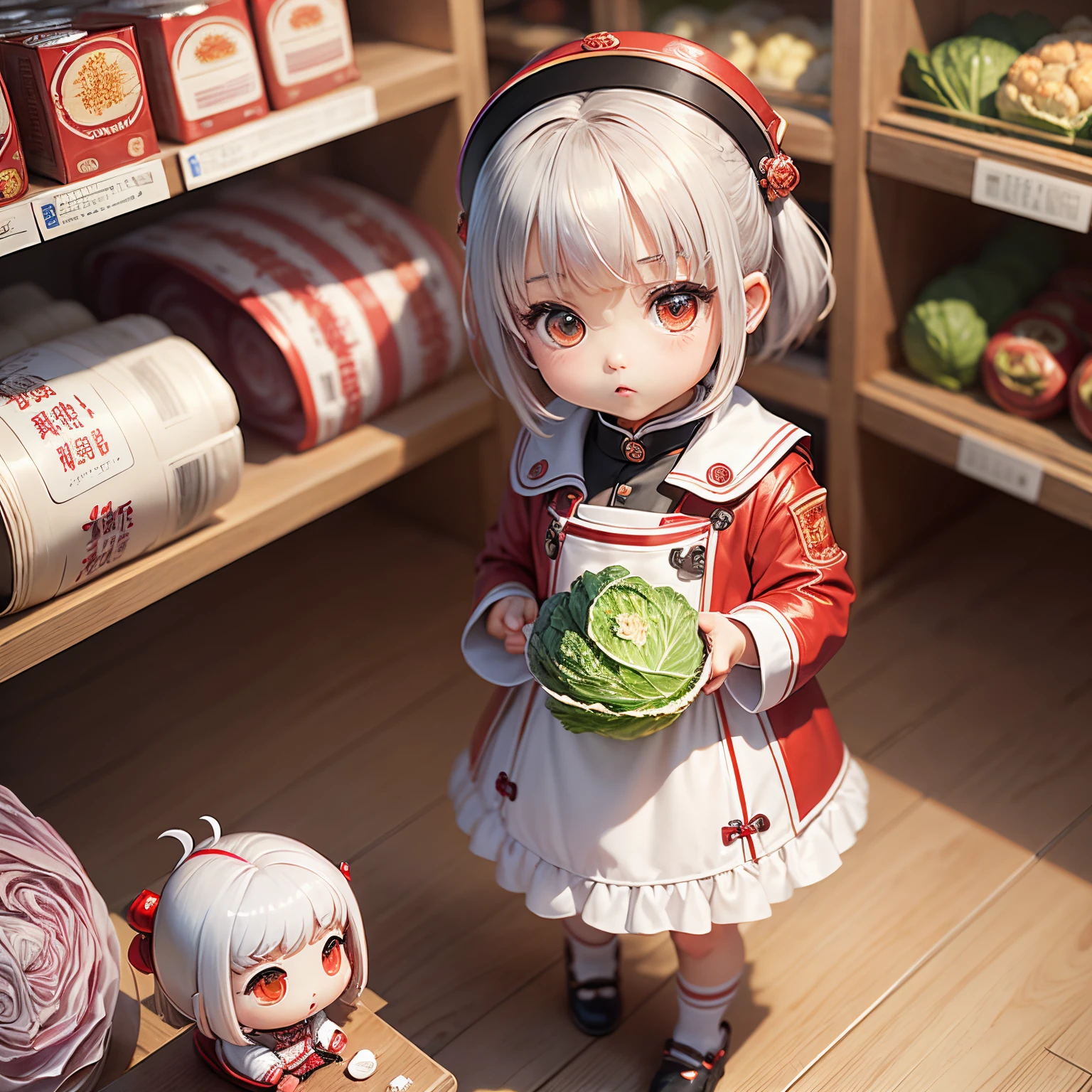 ​masterpiece、top-quality、ultra-detailliert、(Chibi Chara's Daughter:1.2)、red stainless steel collar coat、White Bob//(Chinese cabbage:1.3)、supermarket、shopping、food shelf、