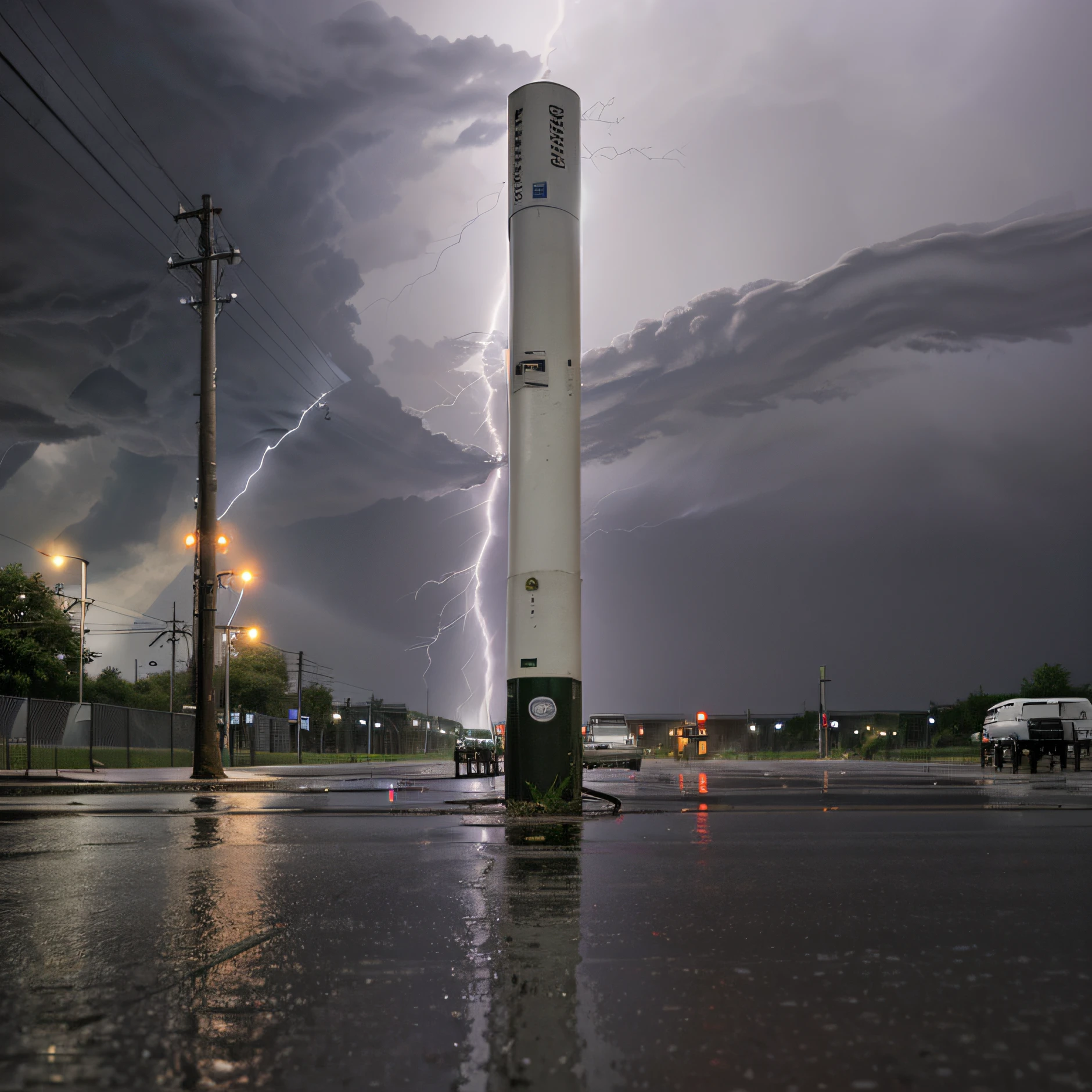 A thunderstorm hits an Internet pole in the street