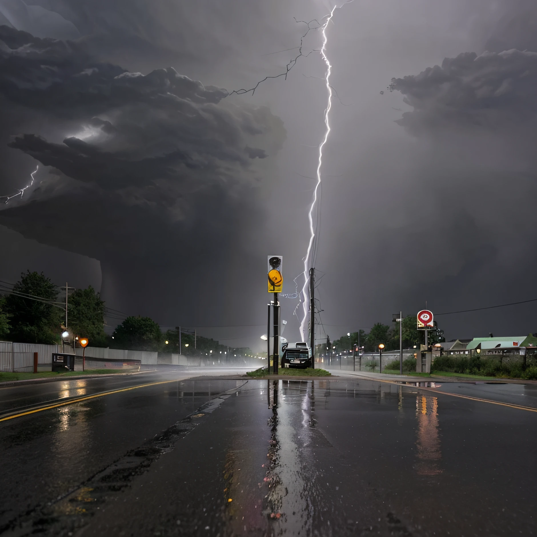 A thunderstorm hits an Internet pole in the street
