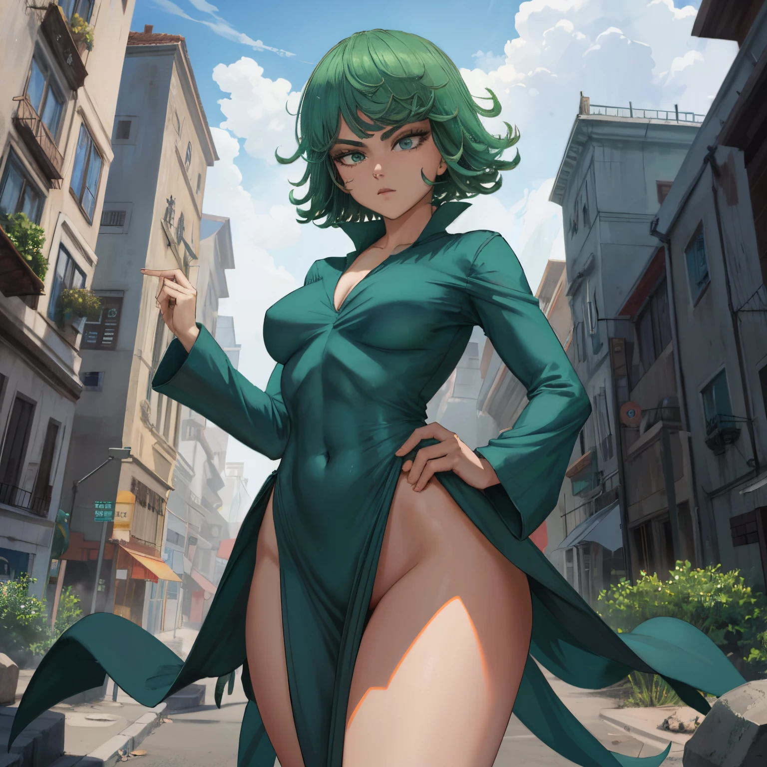 (obra-prima: 1.2, melhor qualidade: 1.2, bonito, alta qualidade, highres: 1.1, esthetic), detalhado, extremamente detalhado, soft ambient lighting, 4K, olhos perfeitos, rosto perfeito, perfect lighting, 1girl, franja, vestido preto, cabelo verde, seios, umbigo coberto, vestido, tatsumaki \ (one-punch man\), , olhos verdes, , seios grandes, , olhando para o espectador, cabelo curto, fundo simples, solo, coxas, gola alta, vestido de gola alta, standing on destroyed City