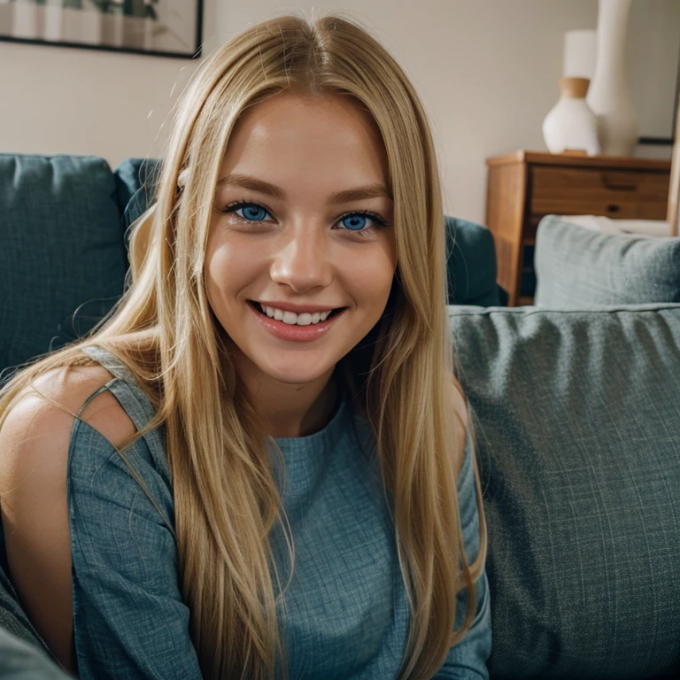 Blonde blue eyes really realistic girl laughing in her couch really beautifull long hair