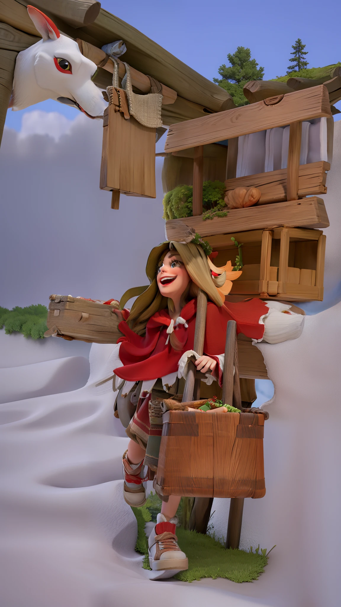 masterpiece, best quality,red riding hood running with a picnic basket, big smile, forest background
