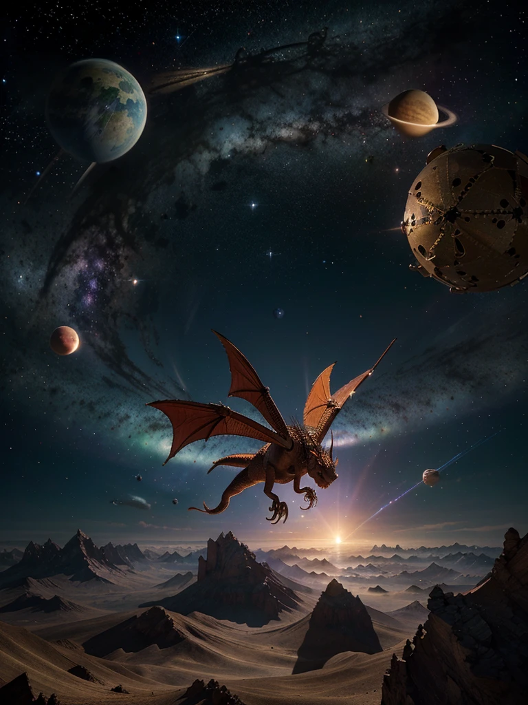 A dragon flies in the vast universe, The dragon ate the planets there
