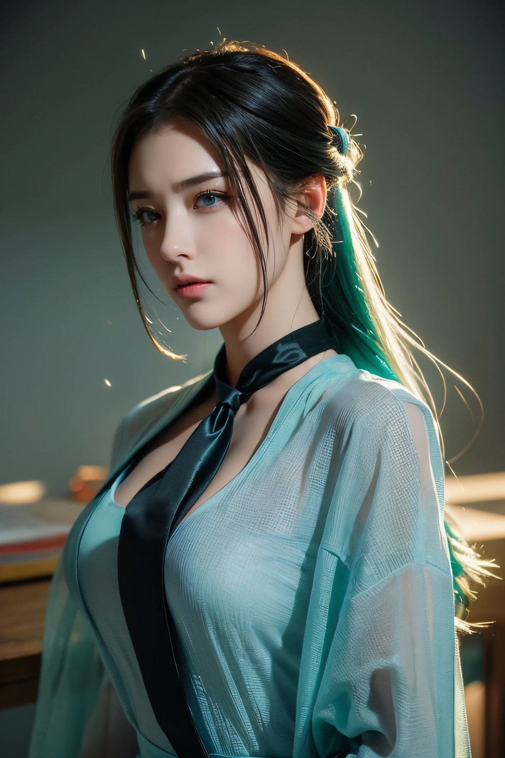 high high quality,A high resolution,masterpiece,8K,(Hyperrealistic photos),(Portrait),digital photography,(真实感:1.4),20岁女孩,exquisite facial features,green and blue pupils,((Women in the workplace)),Random hairstylelack color hair),Big breasts,(Suit,Workplace attire,black necktie),Keep your mouth shut,scowling,Cold and serious,extremely detailed expression,realistic detail,Light magic,Photo pose,oc render reflection texture