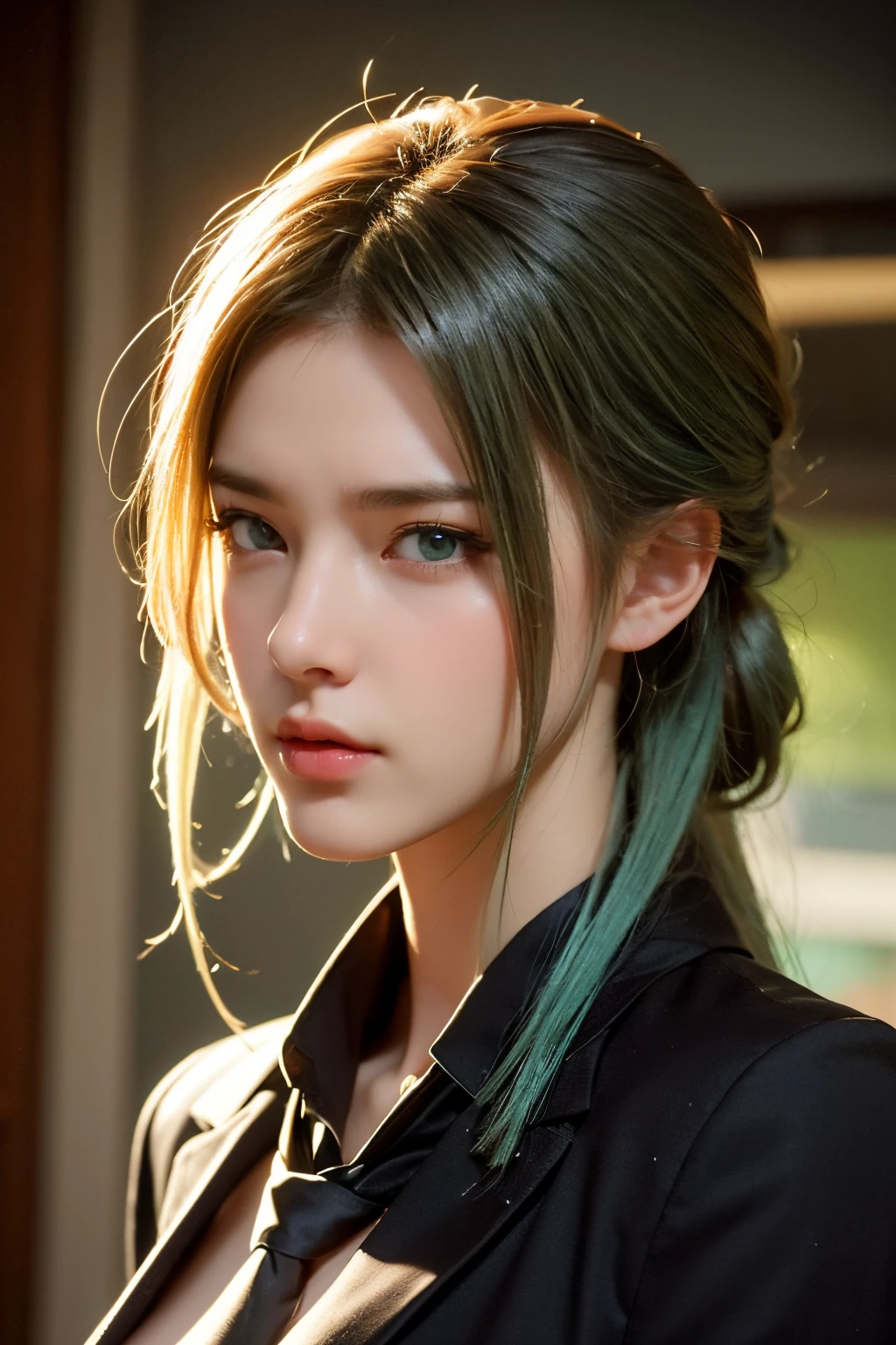 high high quality,A high resolution,masterpiece,8K,(Hyperrealistic photos),(Portrait),digital photography,(真实感:1.4),20岁女孩,exquisite facial features,green and blue pupils,((Women in the workplace)),Random hairstylelack color hair),Big breasts,(Suit,Workplace attire,black necktie),Keep your mouth shut,scowling,Cold and serious,extremely detailed expression,realistic detail,Light magic,Photo pose,oc render reflection texture