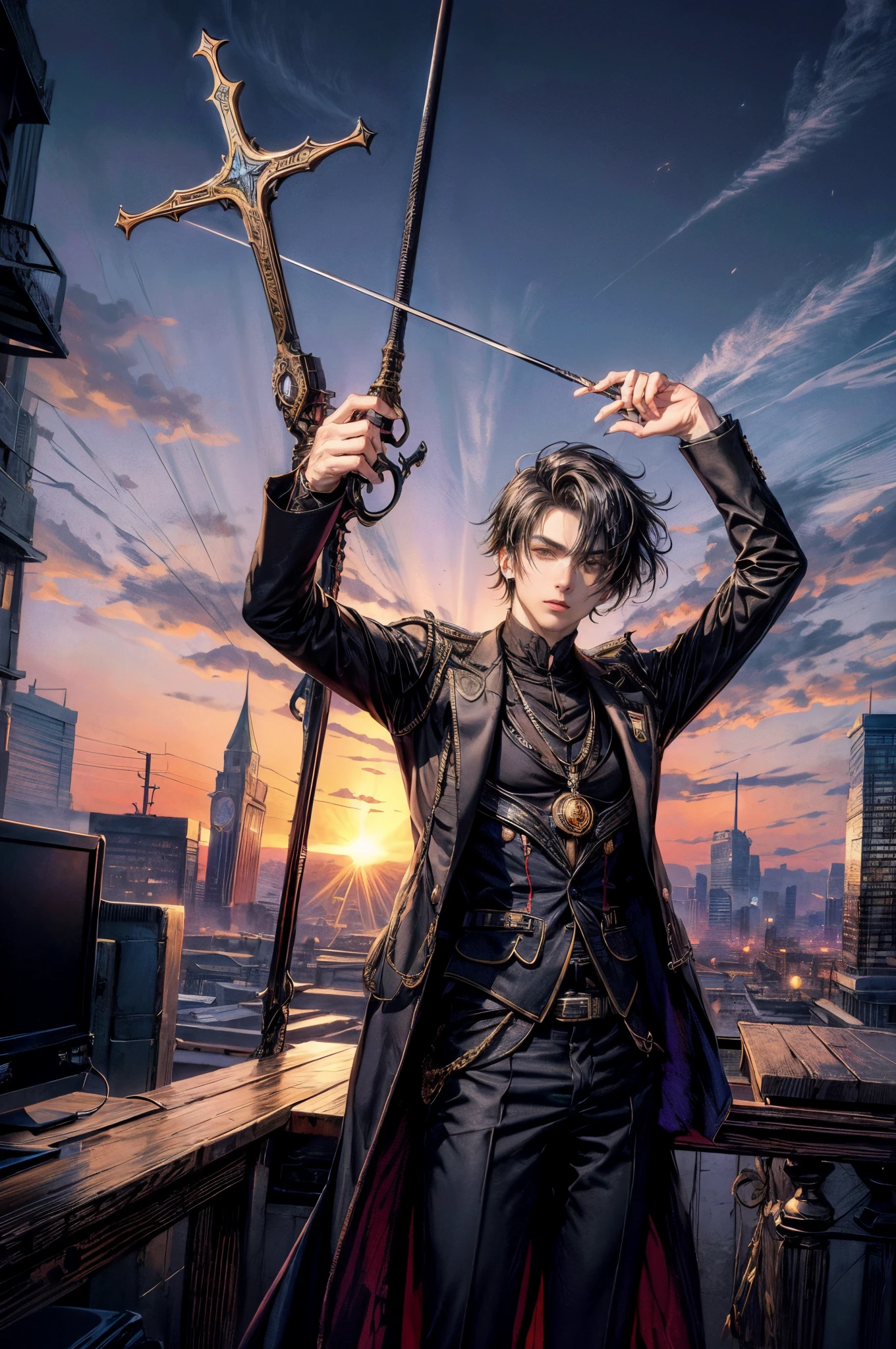 Cinematic lighting,super detailed skin、Beautiful quality with attention to detail,cyberpunked,(Alternative、dim colors, Soothing tones:1.3),(1 Handsome Young Man、Black Hair Shortcut Hair、Detailed beautiful facial features:1.3)Lunette de soleil、hold a lit cigarette in one#39;s mouth(formal business suits、Suit Slacks:1.2).(A huge cross-shaped weapon、Raise your hand up:1.2)Carrying a Huge Cross、On the rooftop、Predawn sky、The world of steampunk、