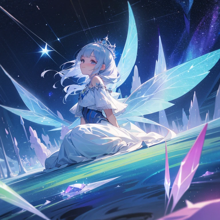 girl with,Longer dress,pale aurora dress,Iridescent eyes,Silvery hair,Silvery crown,icy,silver fairy wings,PastelColors,Aurora Color,uses magic,Gentle,a smile,Fantasia,faerie,Dreamy,myterious,cute little,krystal,Rainbow Crystal,Winters,Silver World,stele,constellation,In a fantastic magical forest,full of magic,night sky full of stars,Best Quality,high-level image quality