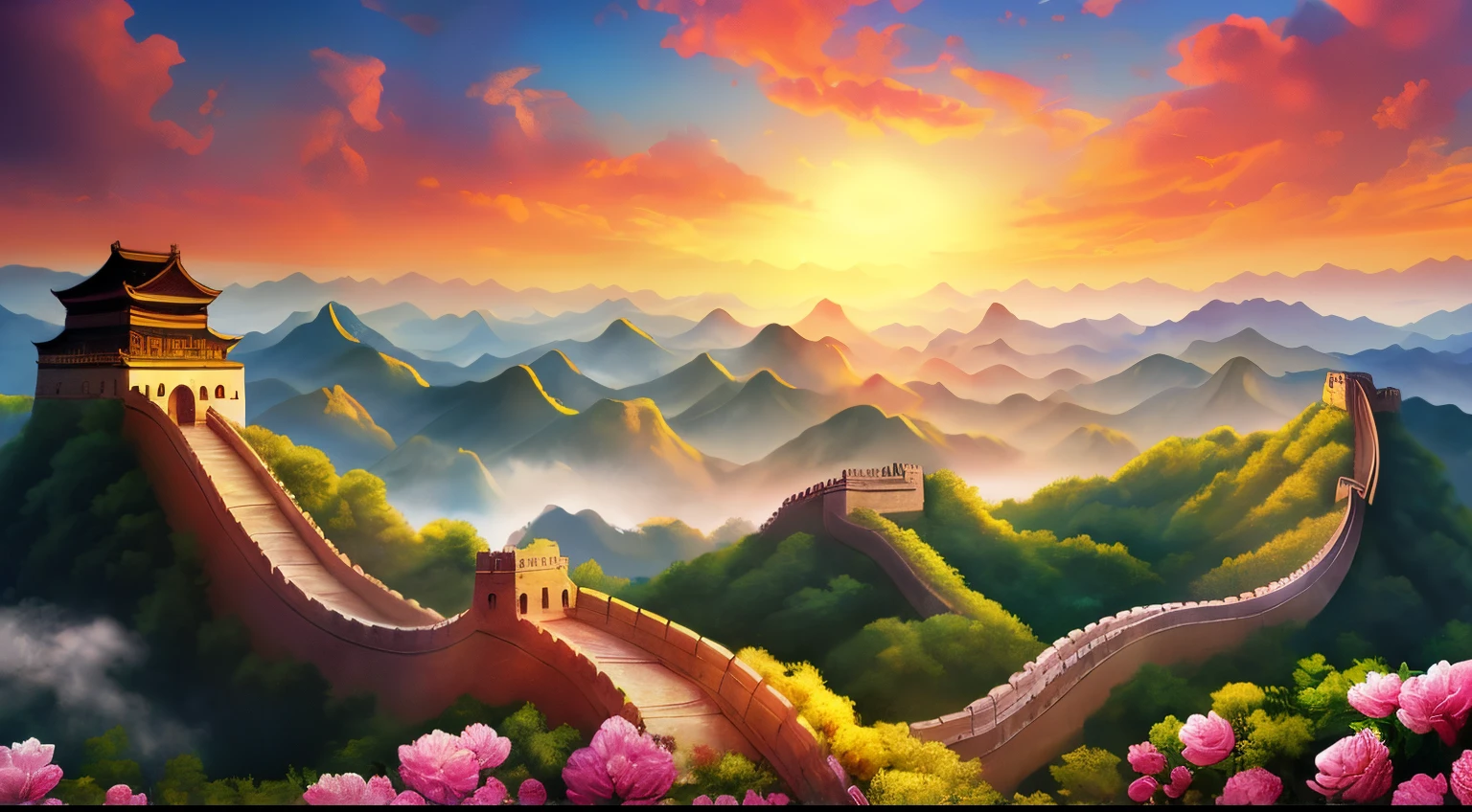 in full bloom,Clouds,Auspicious clouds,sunraise,The Great Wall of China(the great wall),flying birds,Large commercial advertising style,Ultra-wide-angle panoramic shooting,Deep view,OC rendering,HD digital art,Beautiful ornate and exquisite illustrationagnificent and majestic momentum,The auspicious atmosphere of peace and prosperity for the country and the people,China's beautiful scenery,Rich picture layering,light painting blooming,hyper realisitc,Bright, romantic and beautiful light,Beautiful Art Ultra HD 4K,the great walzing wallpapers,Chinese landscape,background artwork,Detailed painting 8K, 8k high definition wallpaper illustration,high detailed digital art