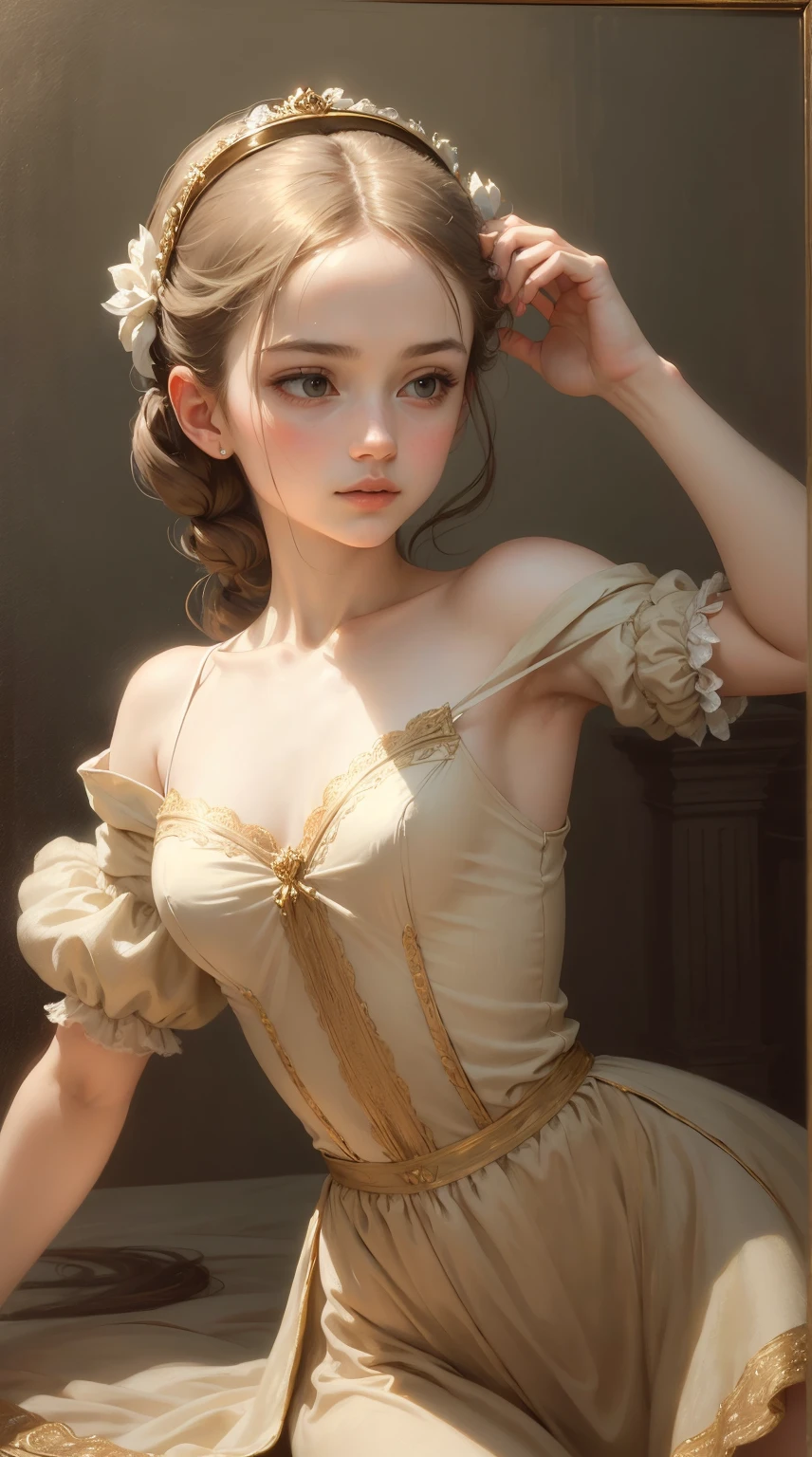 (Best quality,actual:1.37),Renaissance Minimalist Oil Painting,Beautiful ballerina,Subtle color palette,fine brushwork,Fantastic atmosphere,with light glowing,Soft light and shadow,vivid emotional description,Timeless elegance,Meticulous attention to detail,Subtle and refined texture,Harmonious composition,Understated beauty,Classic art,serene environment,A unique perspective.