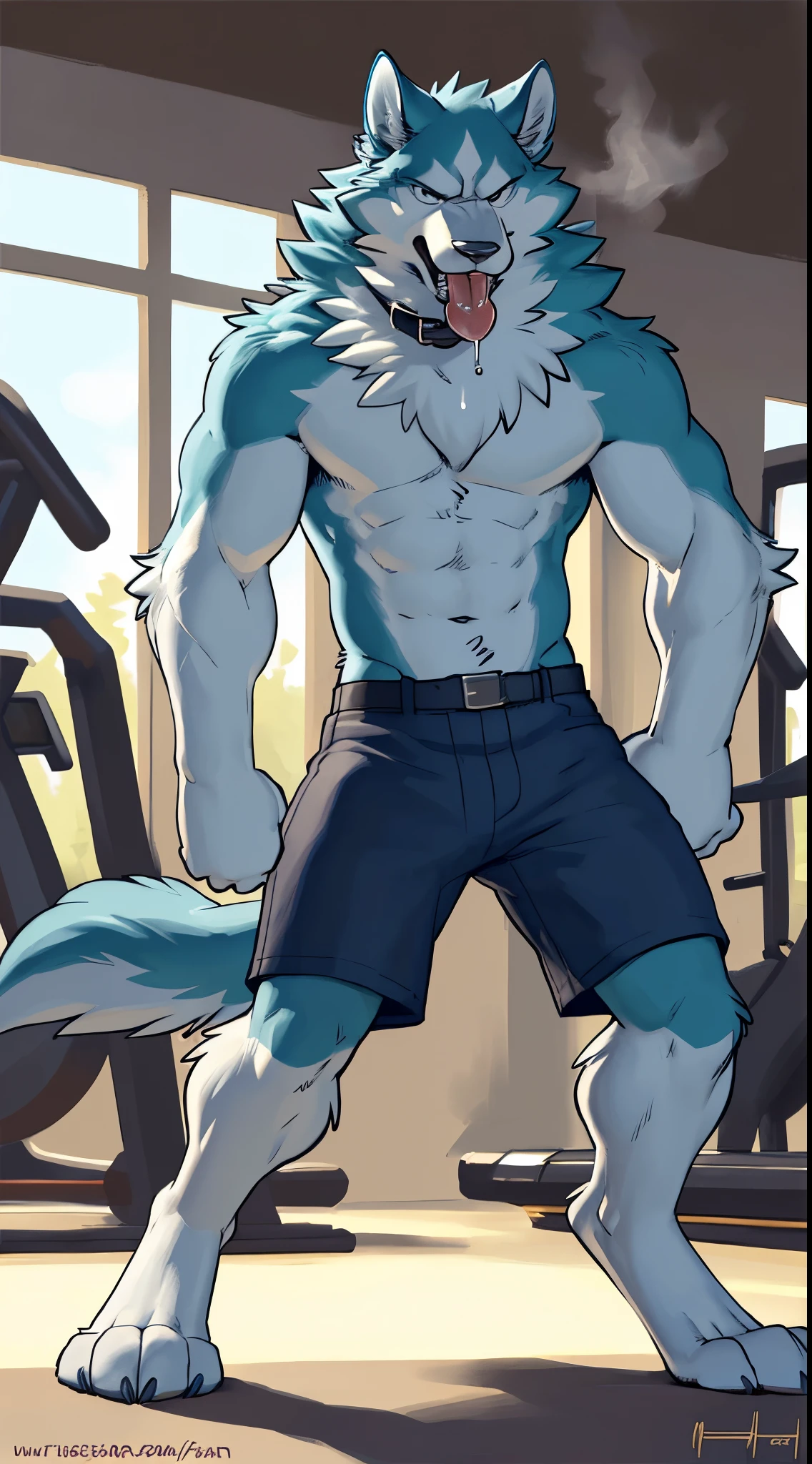 Front view, (modern):1 full height, shirou Ogami, male, adult, solo, skinny:1.2, slim:1.4 build, tall, (dark blue shorts), paws, correct anatomy, tail, skinny:1.9, grumpy, exhausted, pen mouth (steaming breath:1.2, drooling, dripping saliva, thick drool) tongue sticking out, sweat:1.4, exercising (crunches):1.2, gym background, (masterpiece:1.2), epic, natural lighting, (by takemoto arashi, by meesh, by Taran Fiddler)