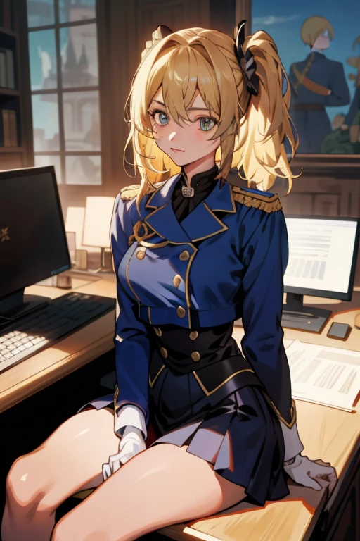 (8K、top-quality、top-quality、​masterpiece、ighly detailed: 1.2)、女の子 1 人、The upper part of the body、A woman has an (Margot Robbie) Similar to、Wearing a military uniform、Sitting on a desk、I have my legs crossed like a woman.、blonde  hair、a blond、Twin-tailed、Front composition、
