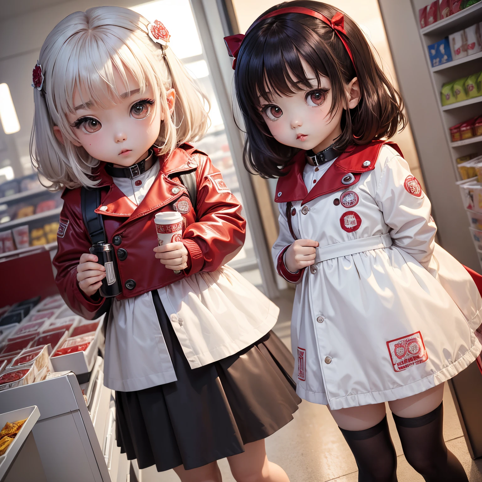 masterpiece、top-quality、ultra-detailliert、(Chibi Chara's Daughter:1.2)、red stainless steel collar coat、(white rape:1.3)、supermarket、shopping、food shelf、A delightful