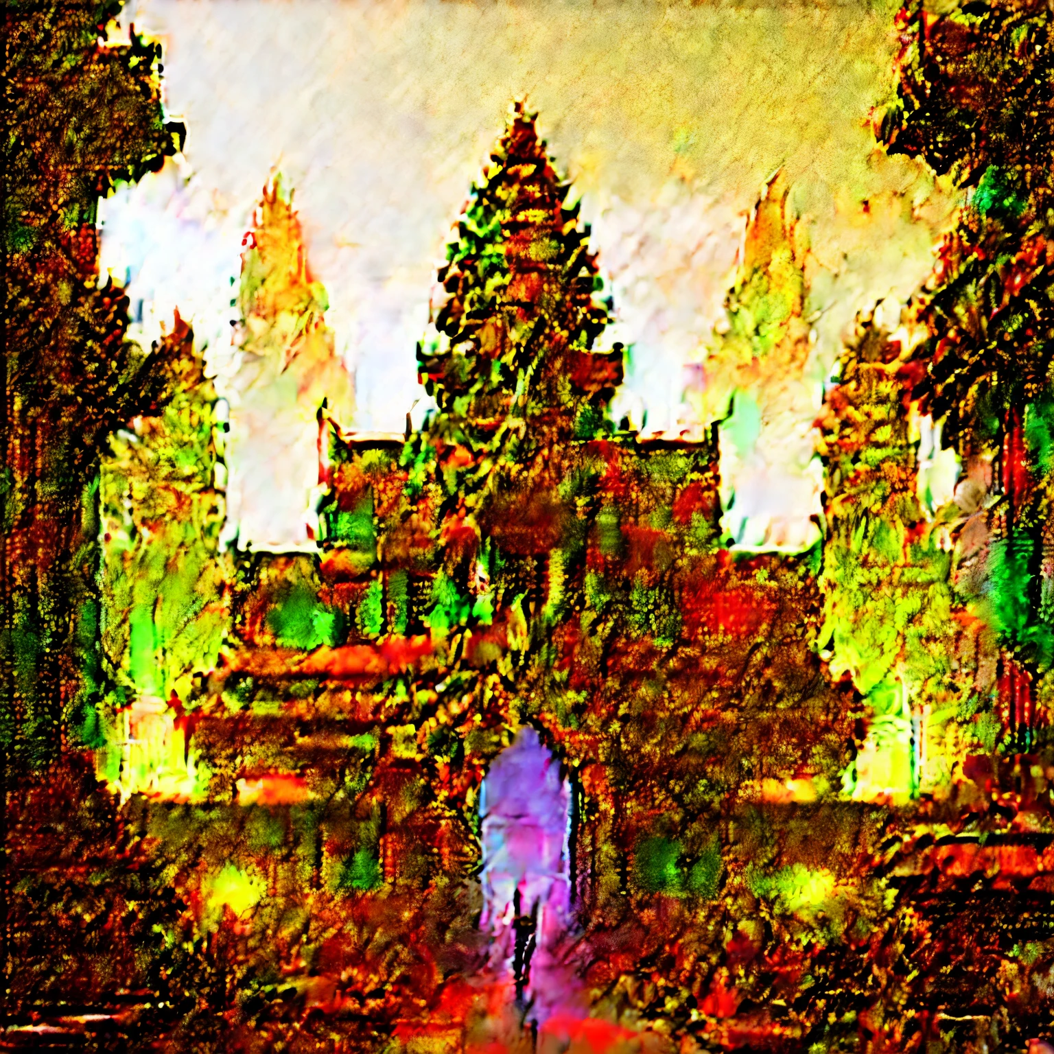 Realistic rendering of Angkor Wat full of cyberpunk aesthetics. The scene should be set at night, Illuminated by Khmer and Chinese neon lights, holographic advertisements, and futuristic street lights. The building should blend modern Khmer elements with high-tech cyberpunk features, such as a towering skyscraper khmer building with a digital billboard, augmented reality interfaces, and drone traffic. The streets should be crowded with people wearing futuristic fashion, Robotic pets, and self-driving cars. The atmosphere should be electric, full of sounds and sights. Lighting should create dramatic contrast, Emphasis on neon and metallic elements ,