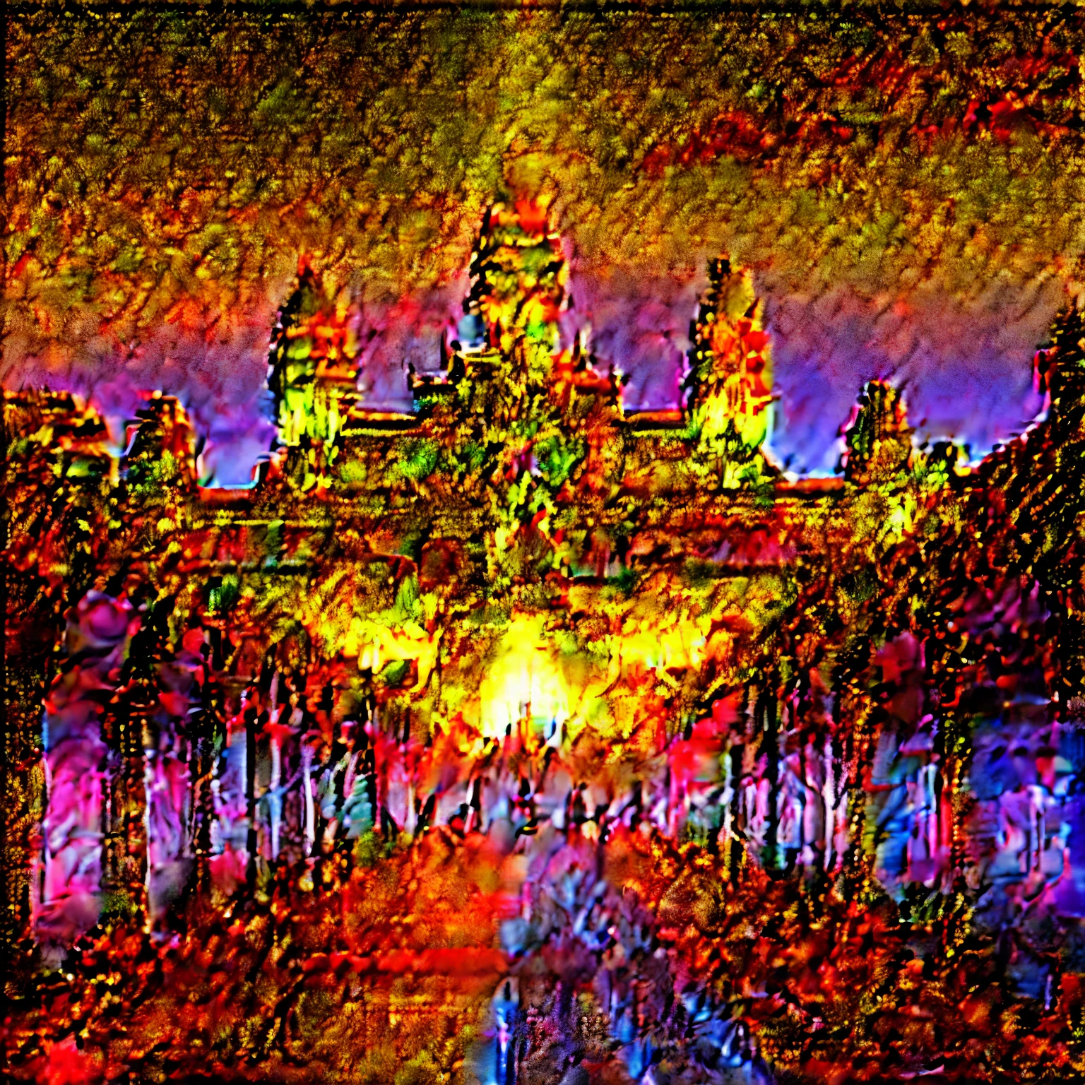 Realistic rendering of Angkor Wat full of cyberpunk aesthetics. The scene should be set at night, Illuminated by Khmer and Chinese neon lights, holographic advertisements, and futuristic street lights. The building should blend modern Khmer elements with high-tech cyberpunk features, such as a towering skyscraper khmer building with a digital billboard, augmented reality interfaces, and drone traffic. The streets should be crowded with people wearing futuristic fashion, Robotic pets, and self-driving cars. The atmosphere should be electric, full of sounds and sights. Lighting should create dramatic contrast, Emphasis on neon and metallic elements ,
