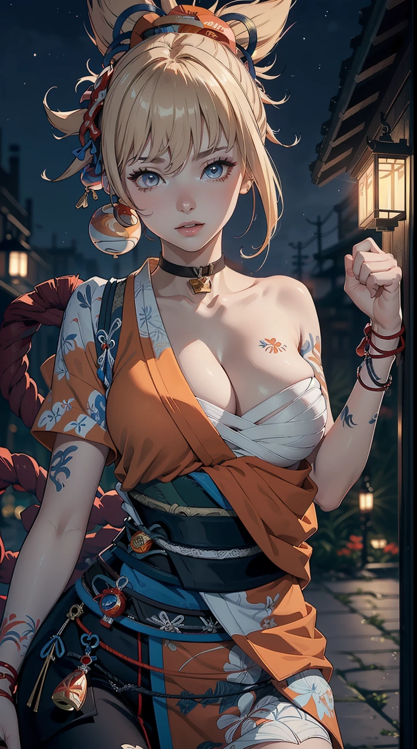 Solo, ((masterpiece)),(best quality),((ultra detailed)), (( blurry night background)), (dynamic angle),((beautiful detailed eyes), ((dynamic pose)), pretty face, ((sexy, cleavage)),((yoimiyadef))