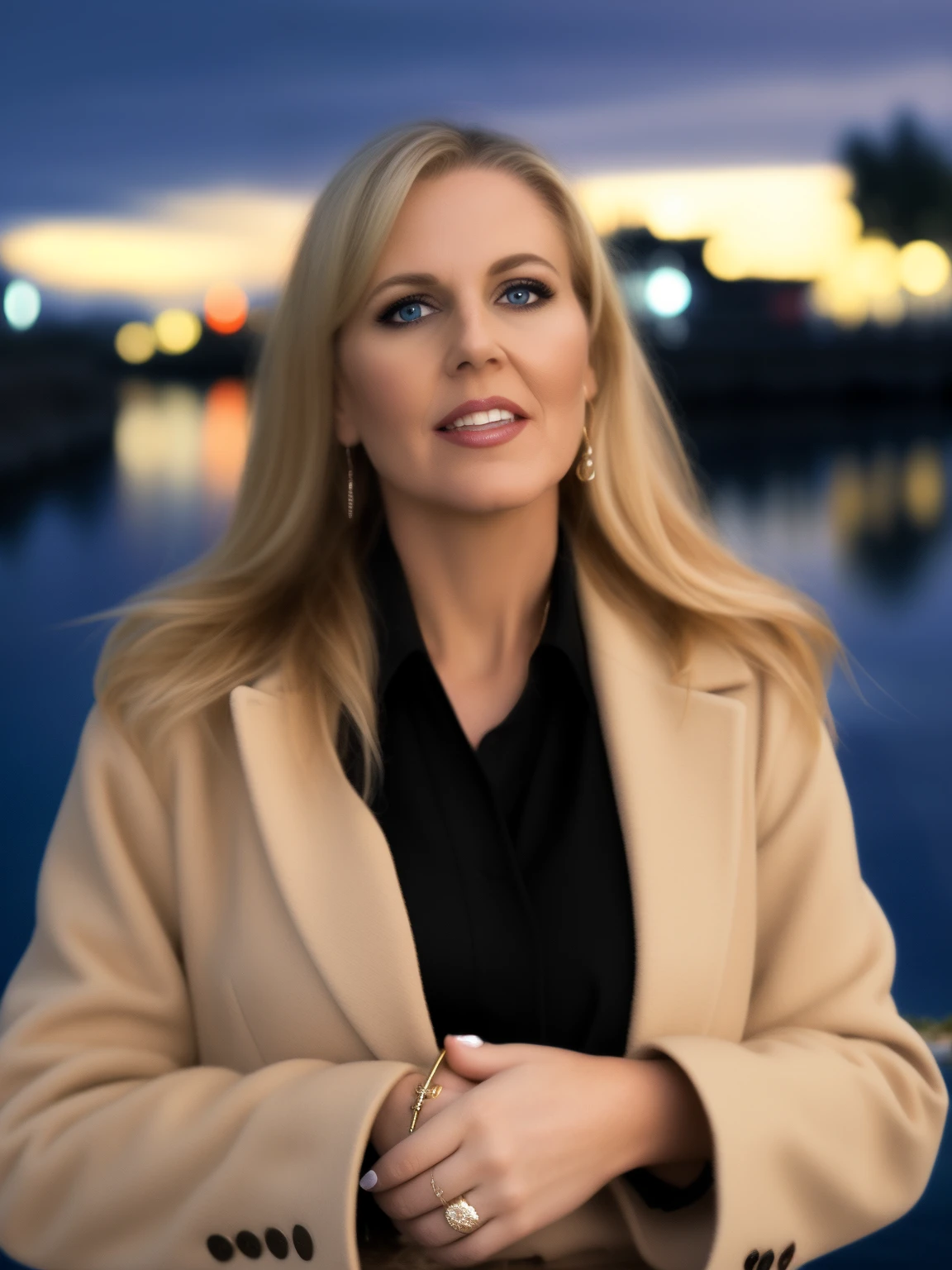 blond woman in a beige coat and black shirt standing by a body of water, laurie greasely, mid shot portrait, sandra pelser, portrait shot, mid portrait, looking to the side, lit from the side, johannen voss, night shot, jennifer wuestling, head shot, taken in the early 2020s, close up portrait