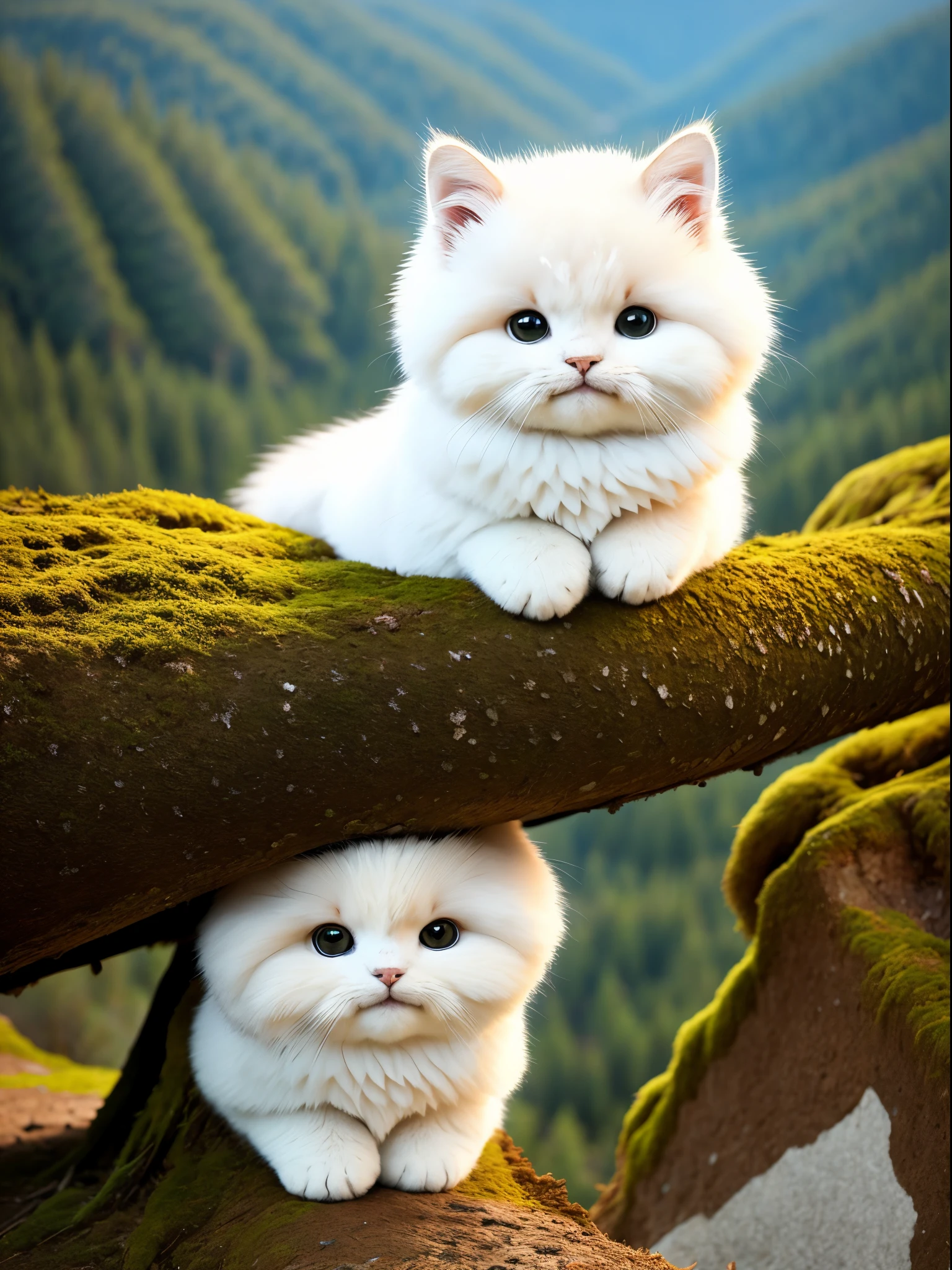 A fluffy cat sits near the roots of a tree on the side of a mountain