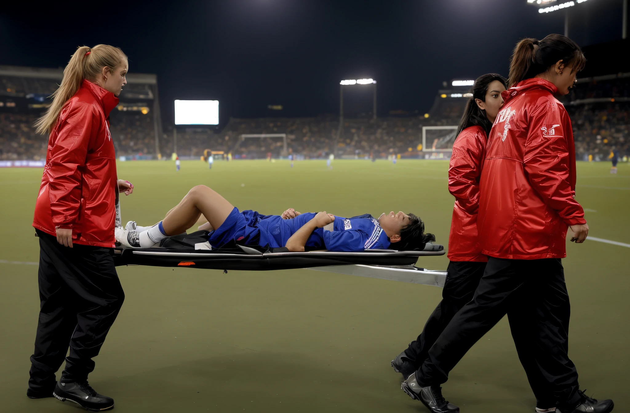 Soccer player is taken away on a stretcher, There is a man lying on his back on a stretcher with his hands grabbing his hurting leg, a man in a t-shirt and sports shorts has put his hands on his injured leg, the man has an agonised face looking to the sky, two horny looking longhaired and ponytailed women that are wearing very shiny coats, there are longhaired women with horny faces wearing laquered puffy coats, longhaired women are walking in wetlook puffy coats, several women walking around a football field with an injured athlete on a stretcher, the injured athlete on the stretcher is grabbing his injured leg with both hands, the women look very worried, behind the women there is a frightening atmosphere, there is heavy rainfall in the background, video still, behind the scenes, pity, china, erotic, horny, drama