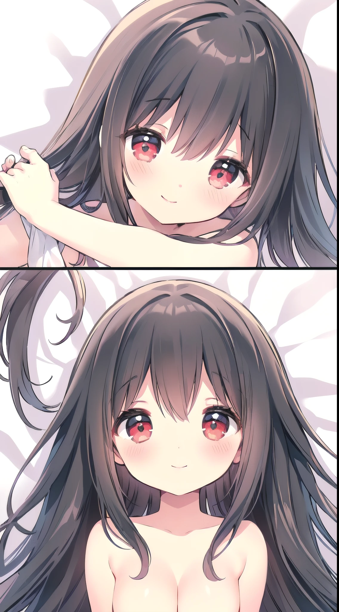 (soft nswf, (1 girl lying half naked under the bedcover), holding bedcover shyly:1.5), Nardack style lora, (1 girl), (gentle housewife, small girl, full body, depth of view, petite and short figure girl, cute and little girl, perfect woman, medium cleavage, mature aura:1.4), (masterpiece, best quality, HD Pictures, 4K:1.1), outdoor, very long hair, bangs, gentle look, gentle smile, gentle eyes, mature looking, pinkish cheeks, very detailed eyes, very detailed pupils, very detailed ridiculously long black hair, detailed face, detailed ruby red eyes, full body, look up to viewer, detailed long black hair, (happy gentle face, warm smile, blushing red cheeks:1.3)