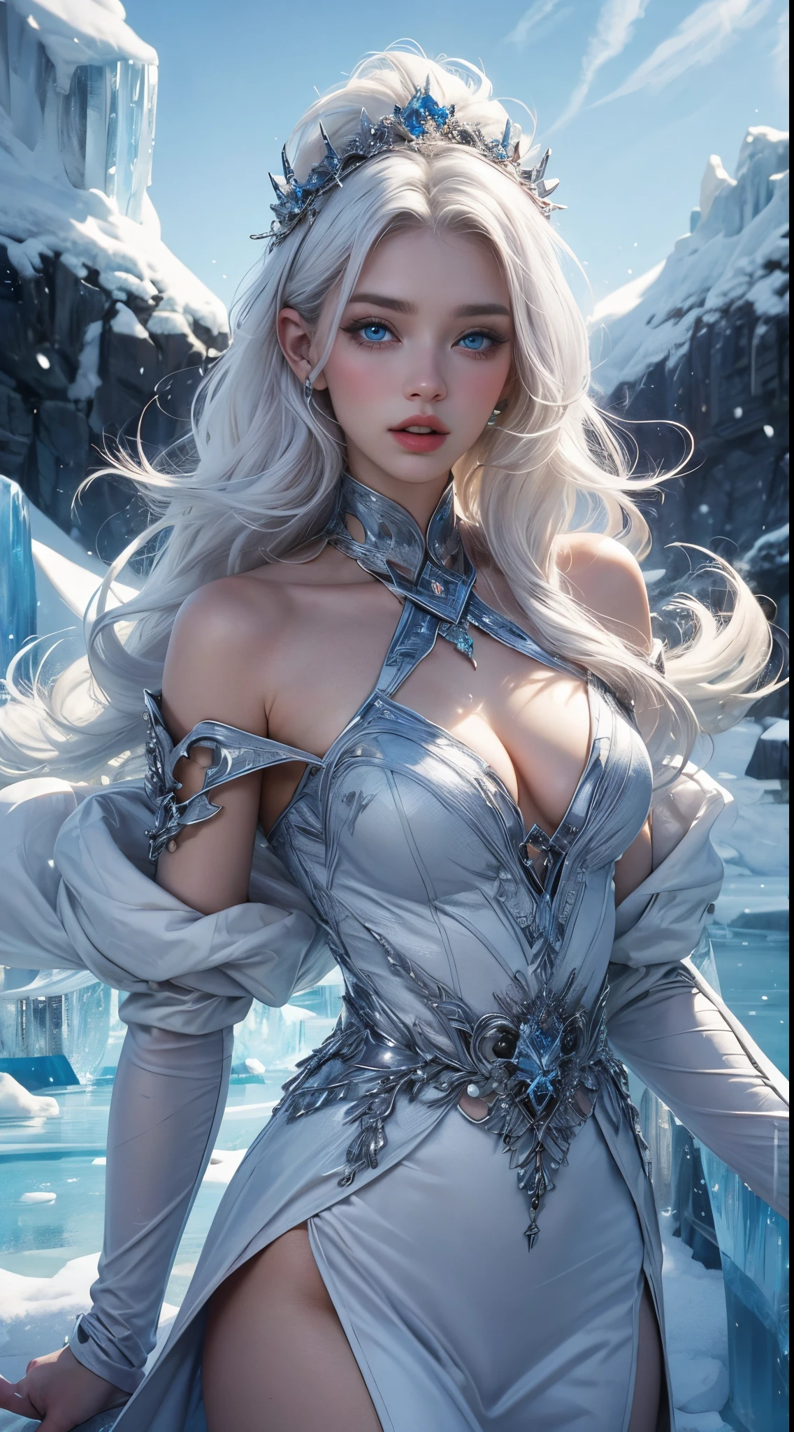 White Silk Girl, (White Hair), ((big hair)), double eyelid, perfect figure, beautiful face, perfect skin, (blue eyes:1.2), Snow-Princess, Ice Age, Ice Palace, (Clothing made from Ice:1.3)