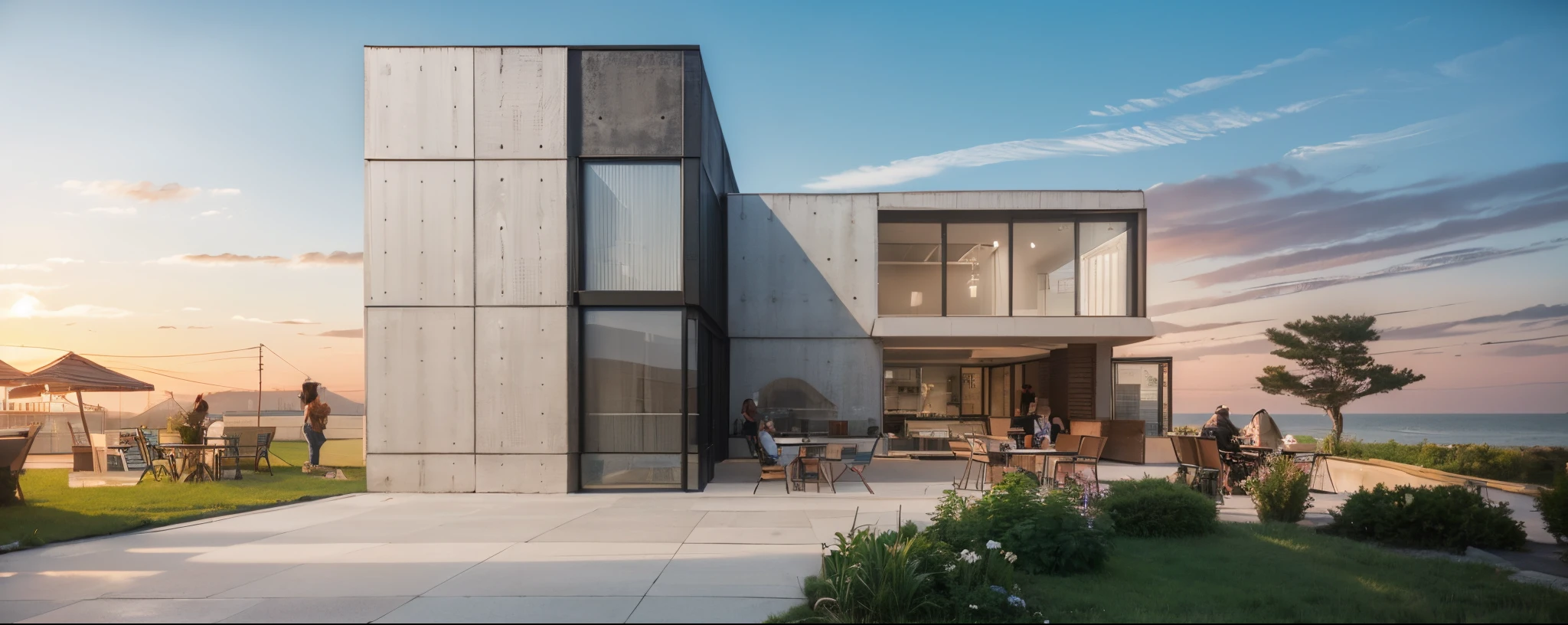 (((tmasterpiece))),((Best quality at best)),Award-winning architectural exterior design,building exterior,((cafe shop)),cafe shop,Commercial café,glass,cementitious , concrete floor,aluminium,Asphalt pavement,grassy fields, Ray traching, The content very detailed,hyper realisitc,Hyper Real