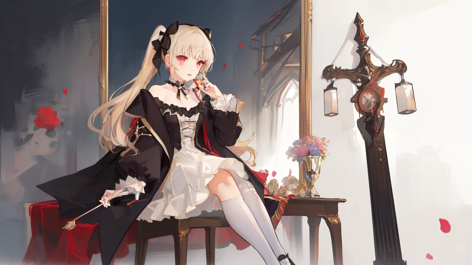 Anime Antanta - Girl, white skin, blonde hair, two ponytails, medium hair, pink highlights with curls, dark pink eyes, neutral face, black bow in hair, white feather barrette, black and white dress, ruffles, red shoes, bow on dress, red gothic tailcoat, white branch designs on tailcoat, silver pocket mirror, white rose crest on tailcoat, black ribbon choker, shattered realm on background, shattered mirrors, the clock tower in the background