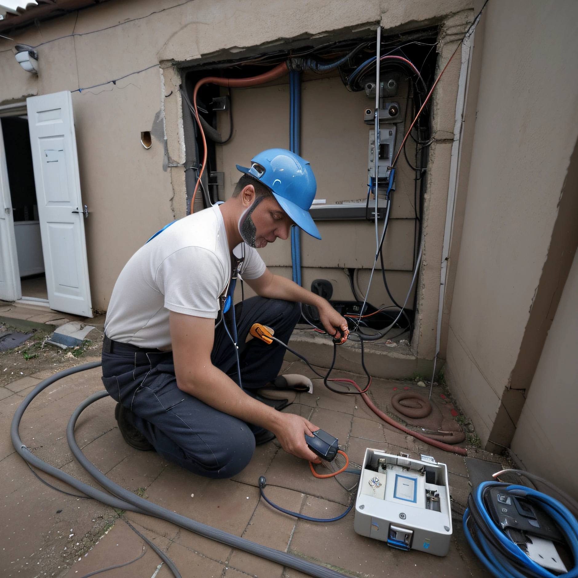 A man repairs a fault in Internet cables